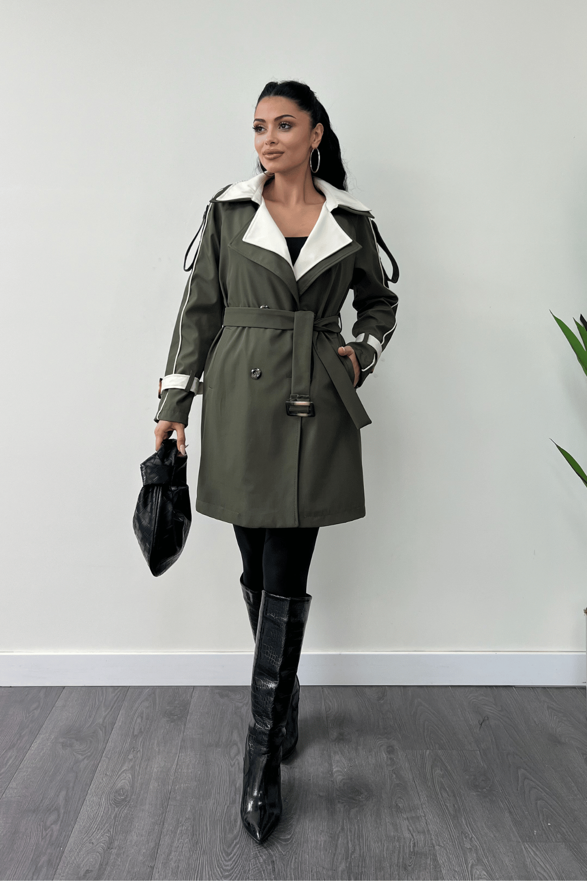 Bondit Kumaş Tasarım Trençkot - HAKİ YEŞİLİ