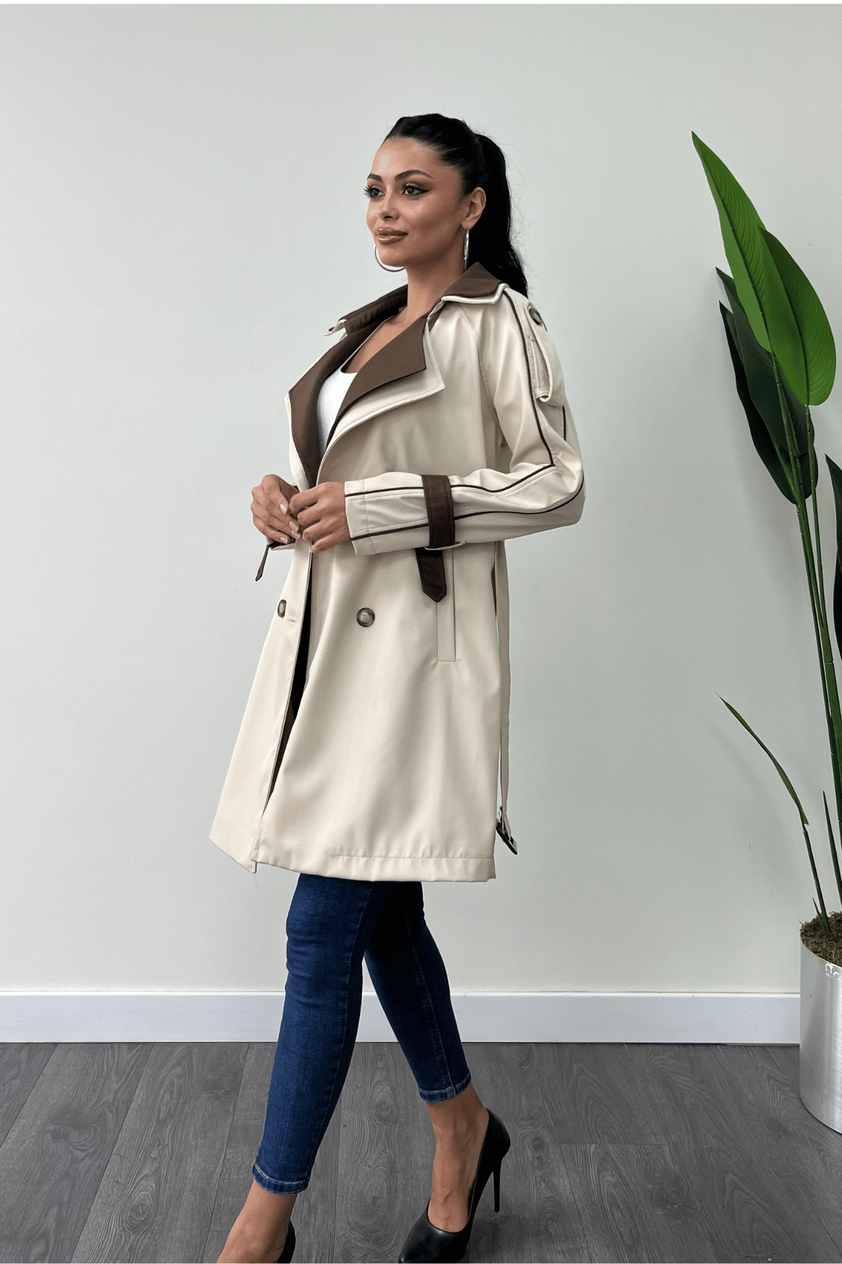 Bondit Kumaş Tasarım Trençkot - KREM