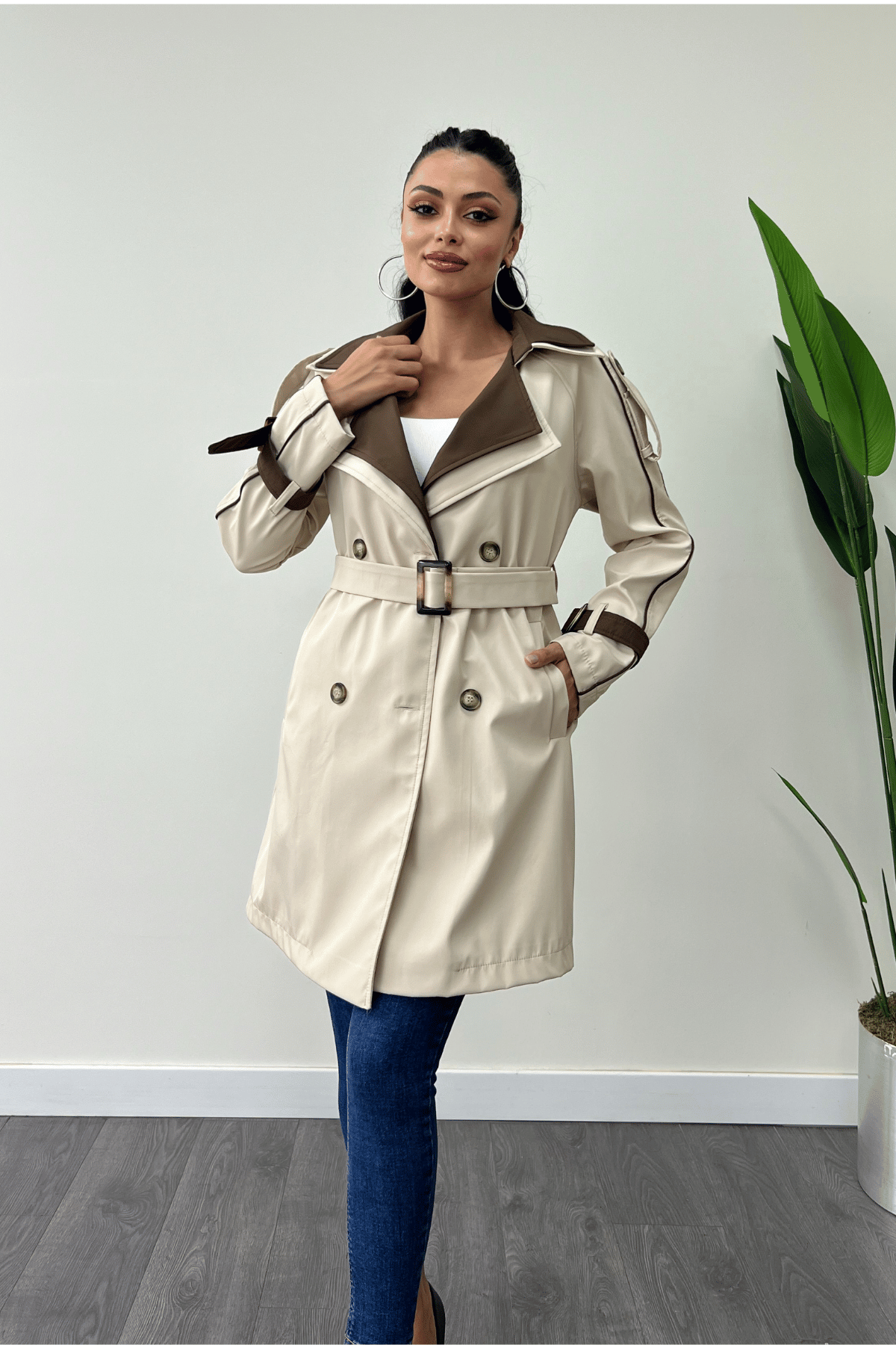 Bondit Kumaş Tasarım Trençkot - KREM