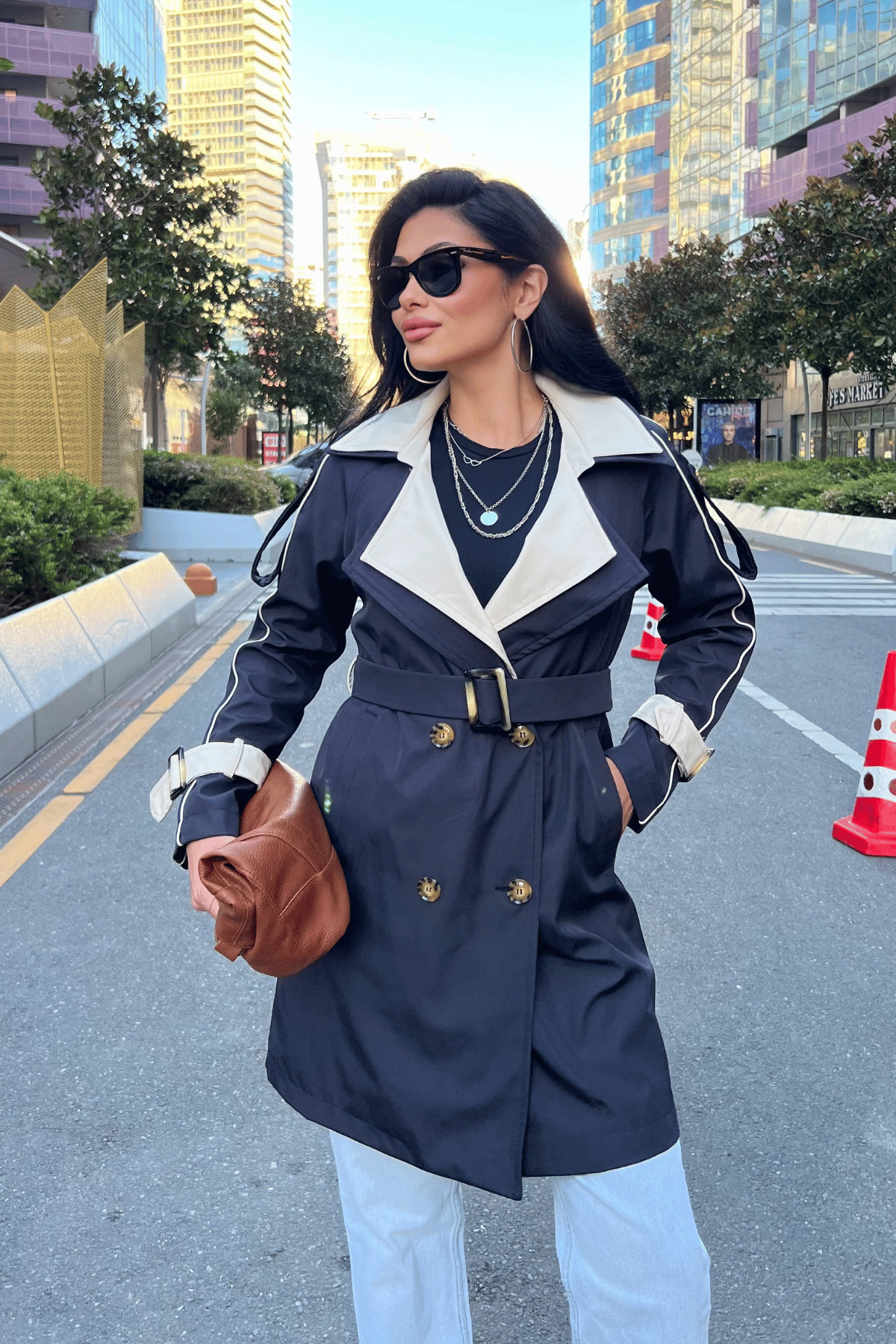 Bondit Kumaş Tasarım Trençkot - LACİVERT