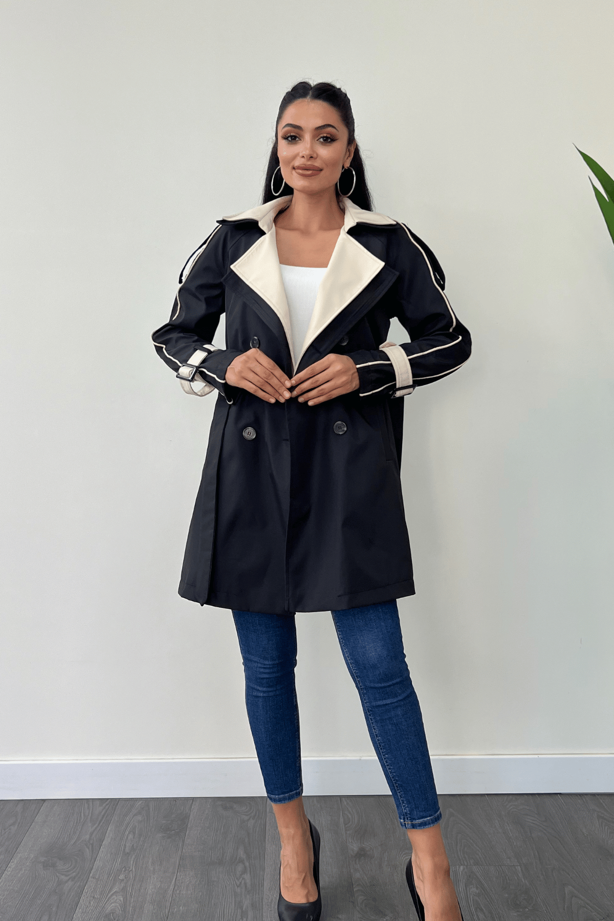 Bondit Kumaş Tasarım Trençkot - SİYAH