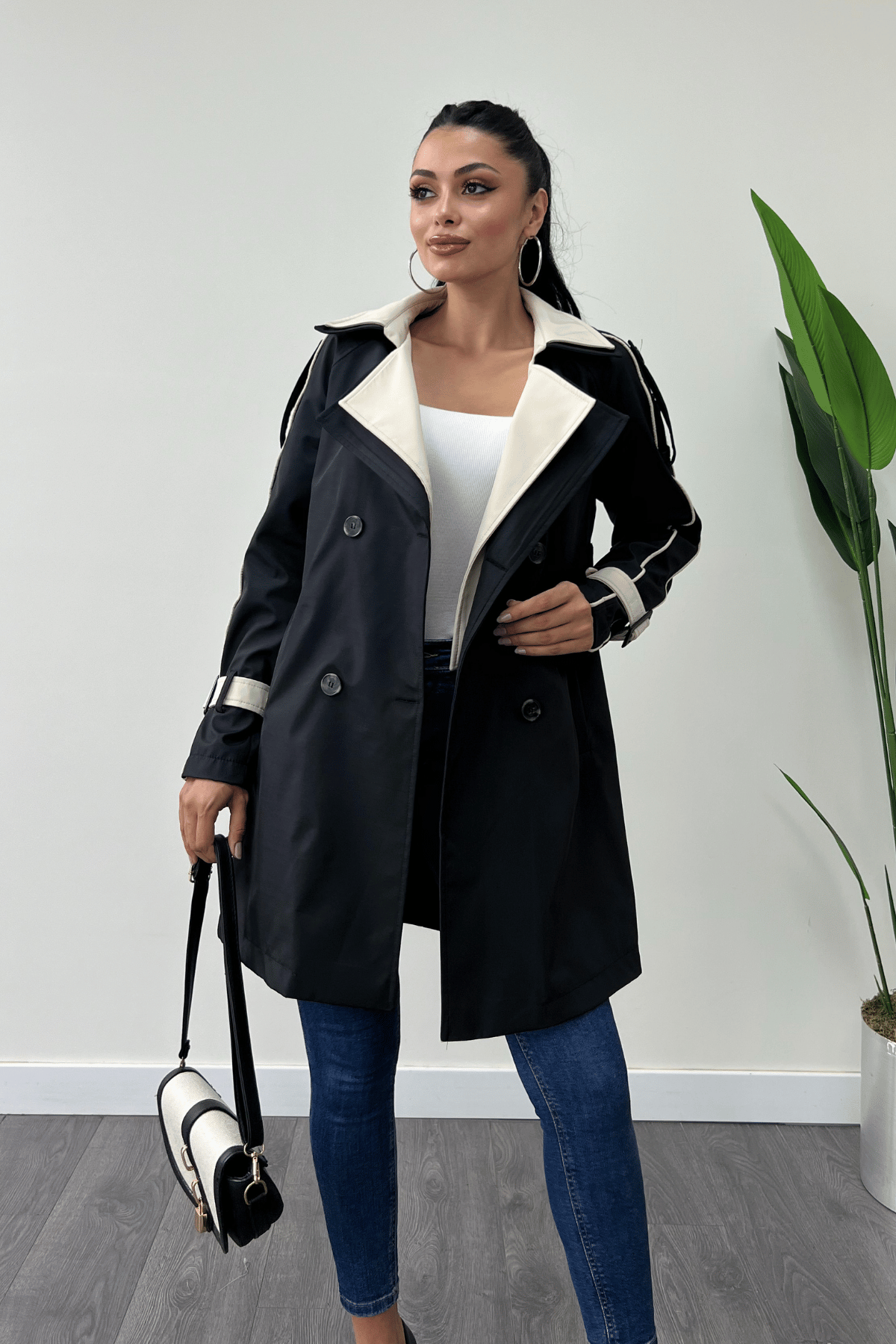 Bondit Kumaş Tasarım Trençkot - SİYAH