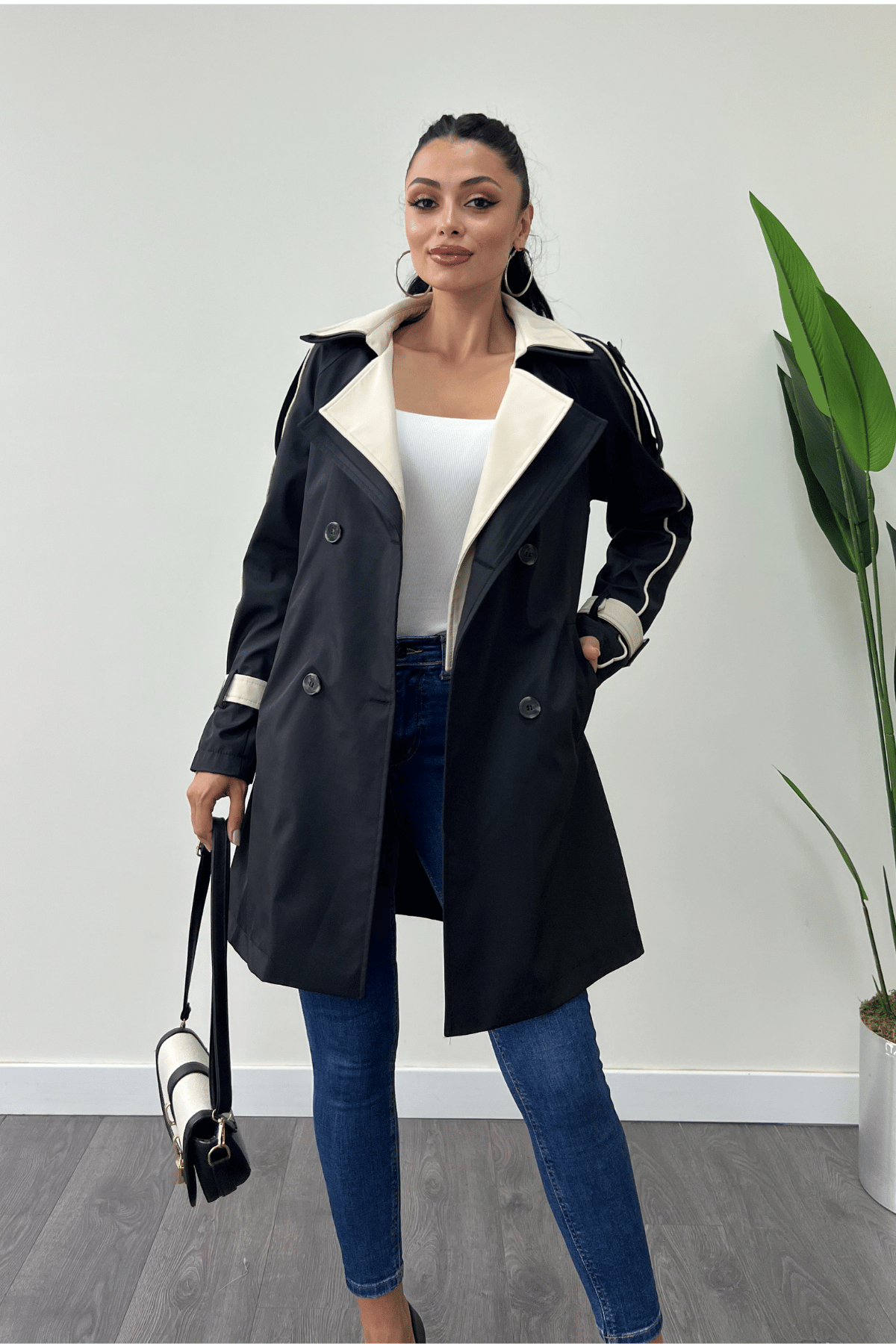 Bondit Kumaş Tasarım Trençkot - SİYAH