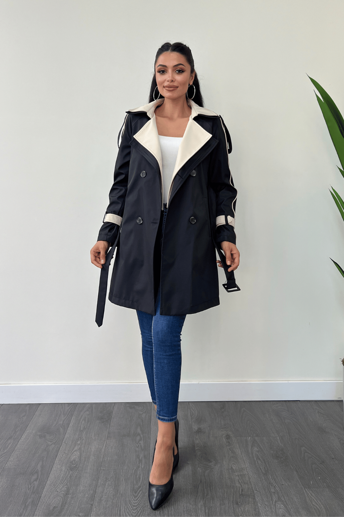 Bondit Kumaş Tasarım Trençkot - SİYAH