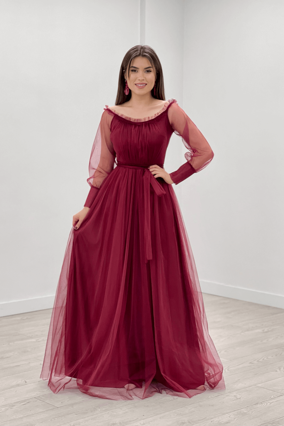 Büzgülü Manşetli Tül Elbise - BORDO