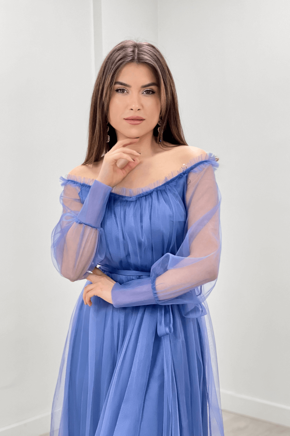 Büzgülü Manşetli Tül Elbise - İNDİGO MAVİ
