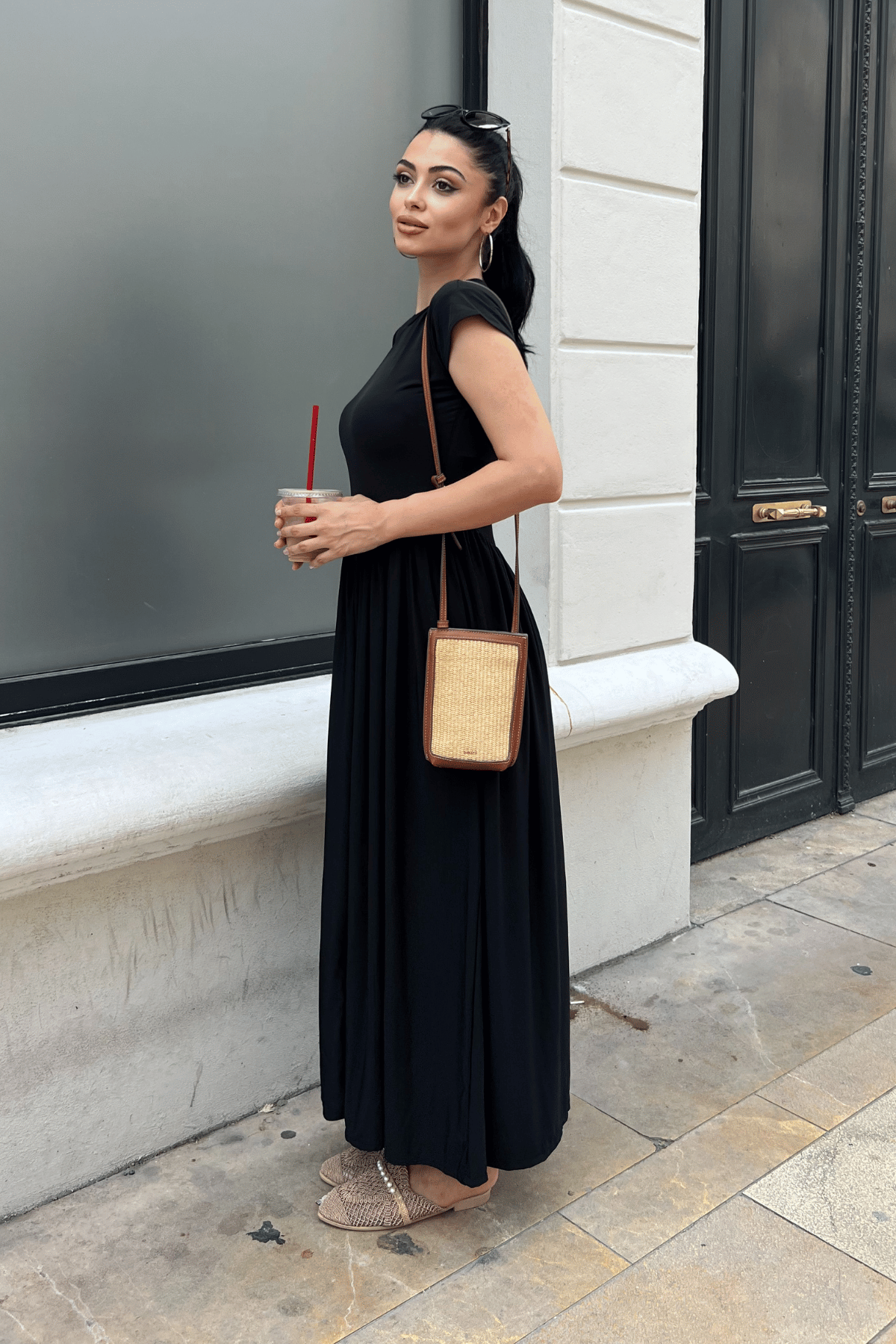 Çelik İnterlok Kumaş Büzgü Detaylı Maxi Elbise - SİYAH