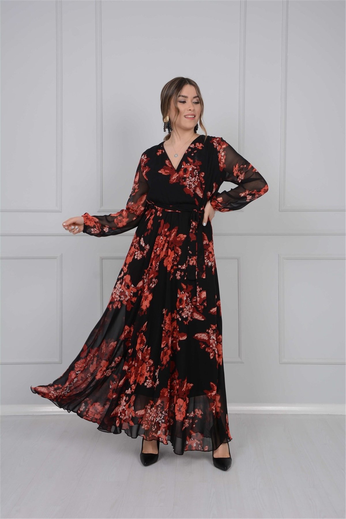 Çiçek Desenli Şifon Elbise - Kırmızı