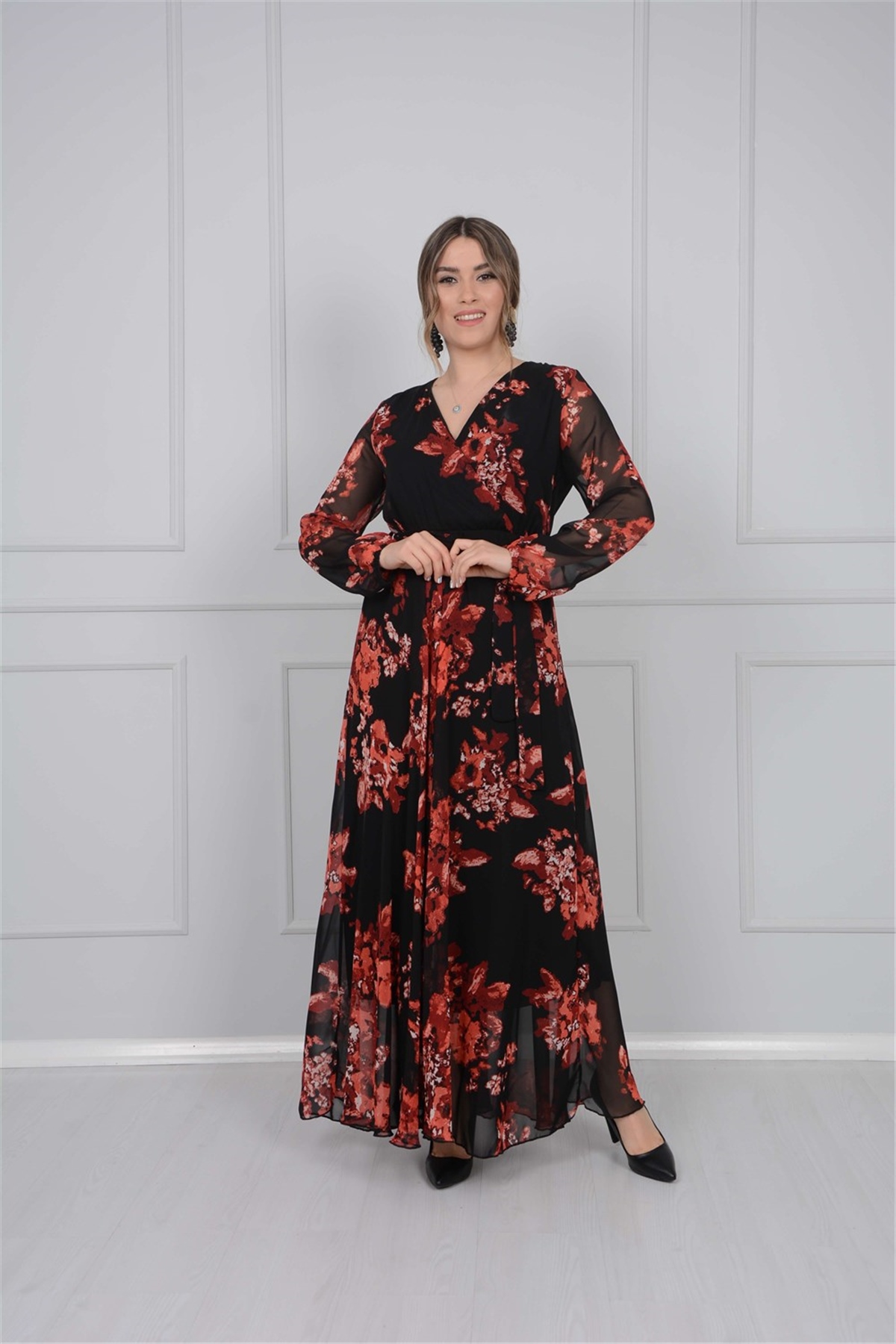 Çiçek Desenli Şifon Elbise - Kırmızı
