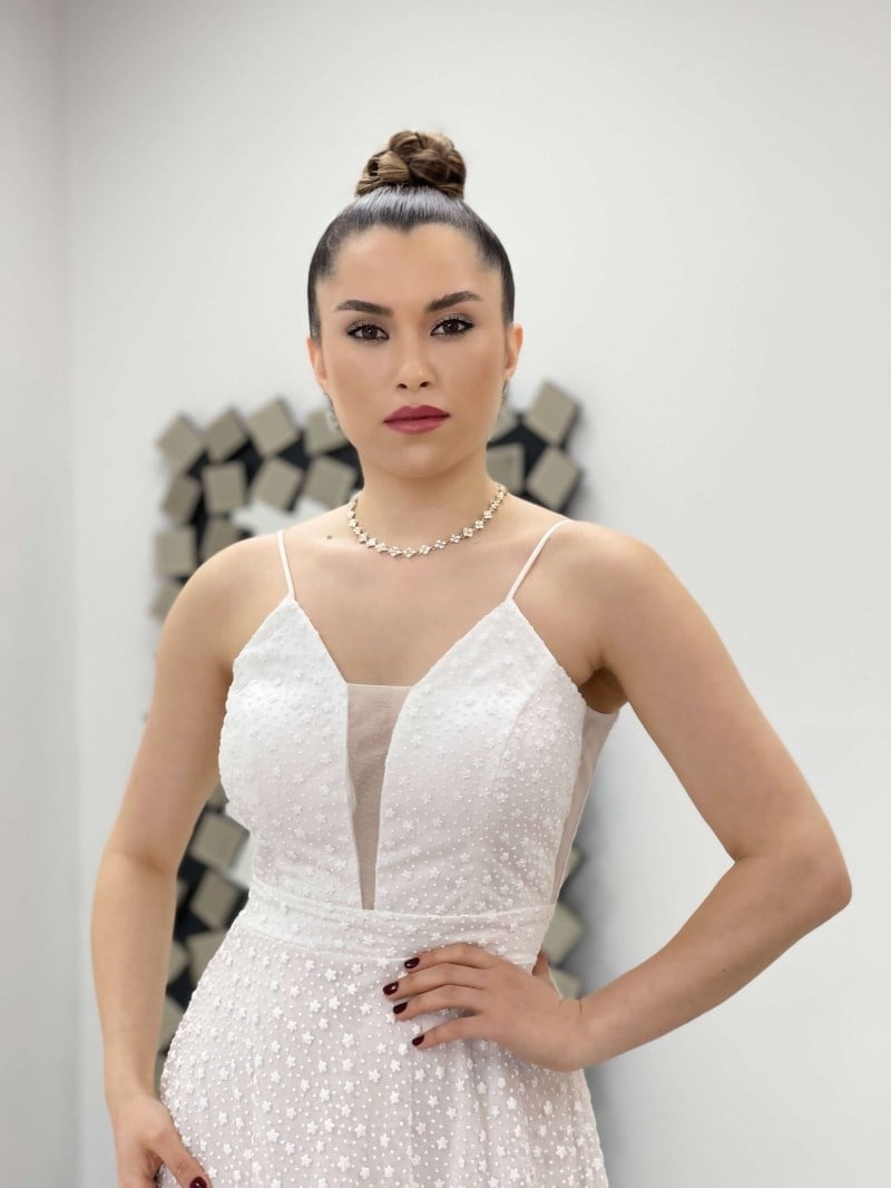 Çiçek Sim Baskılı Midi Elbise - BEYAZ