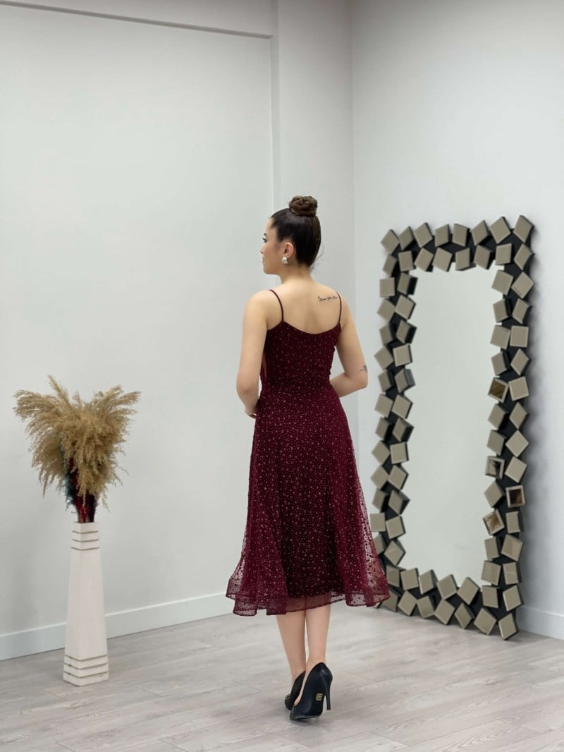 Çiçek Sim Baskılı Midi Elbise - BORDO