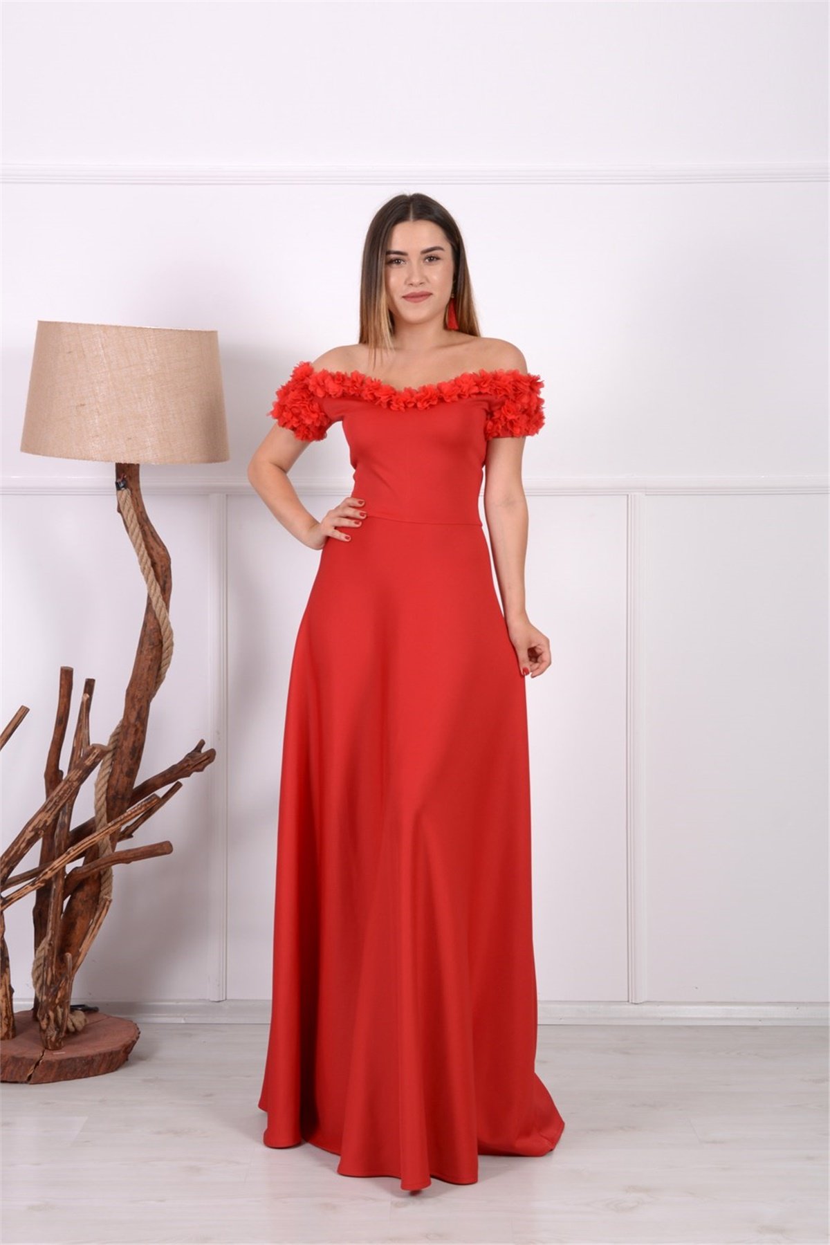 Çiçekli Abiye Elbise - Kırmızı