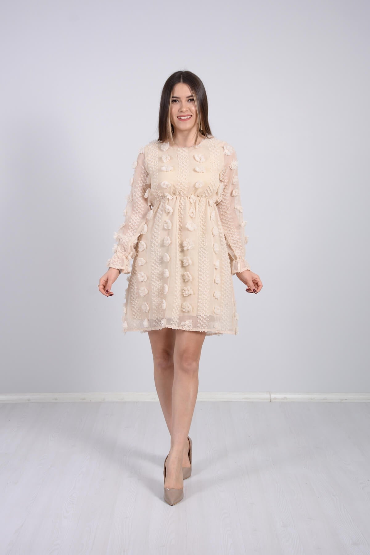 Çiçekli Mini Elbise - Bej