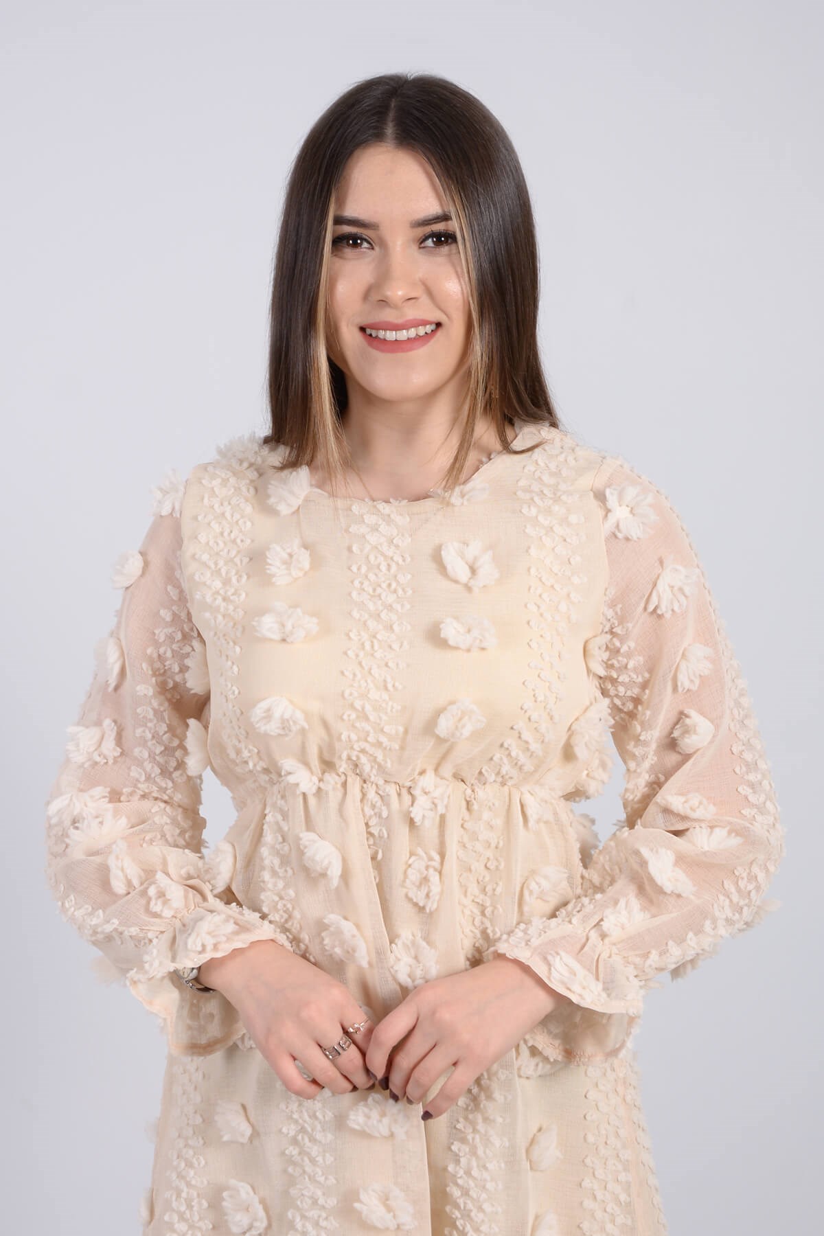 Çiçekli Mini Elbise - Bej