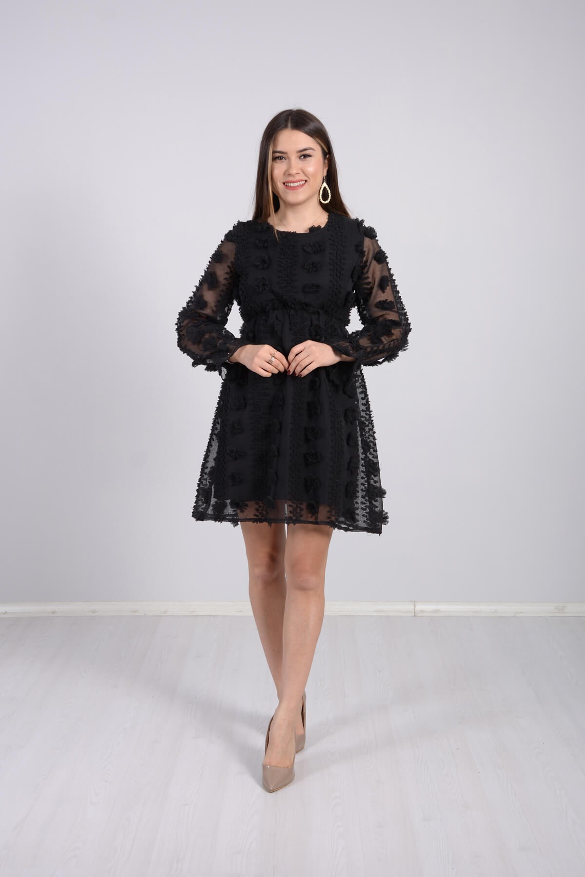 Çiçekli Mini Elbise - Siyah