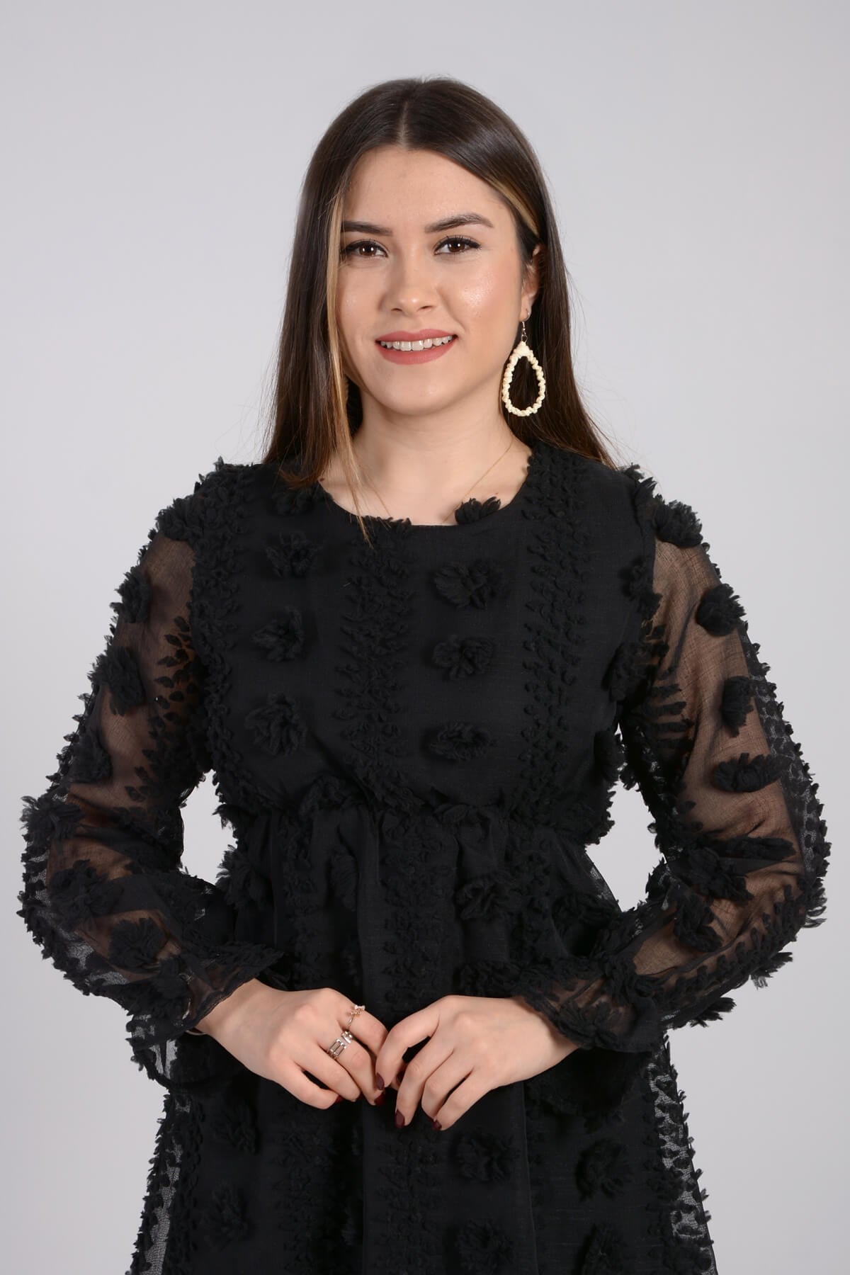 Çiçekli Mini Elbise - Siyah