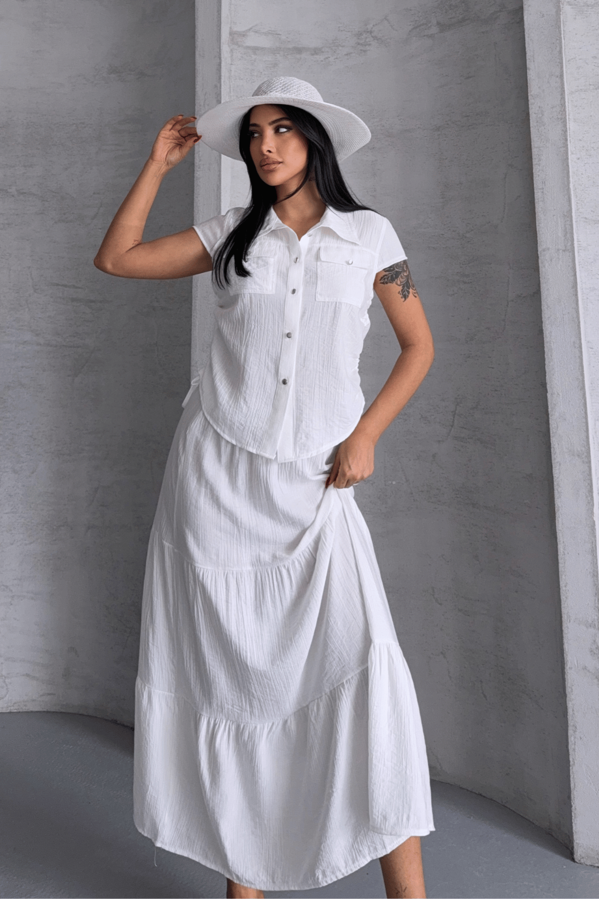 Çilek Kumaş Etekli Takım - BEYAZ