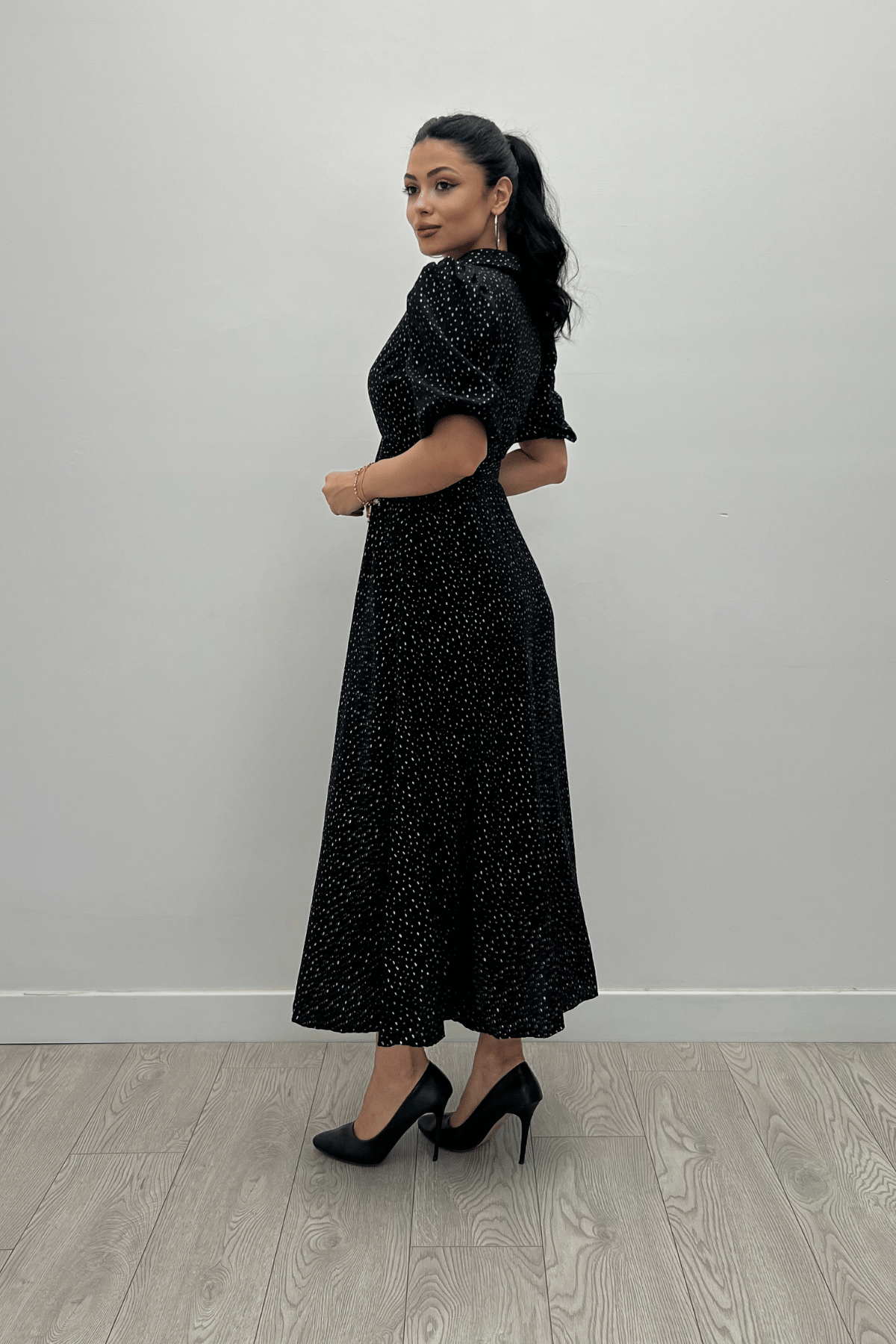 Cotton Kumaş Düğme Detaylı Gömlek Elbise - SİYAH