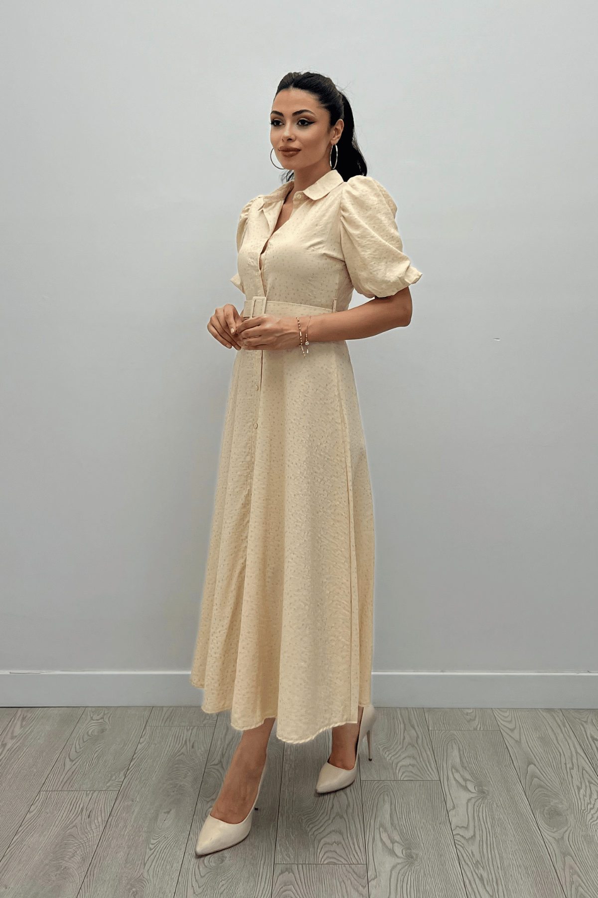 Cotton Kumaş Düğme Detaylı Gömlek Elbise - KREM