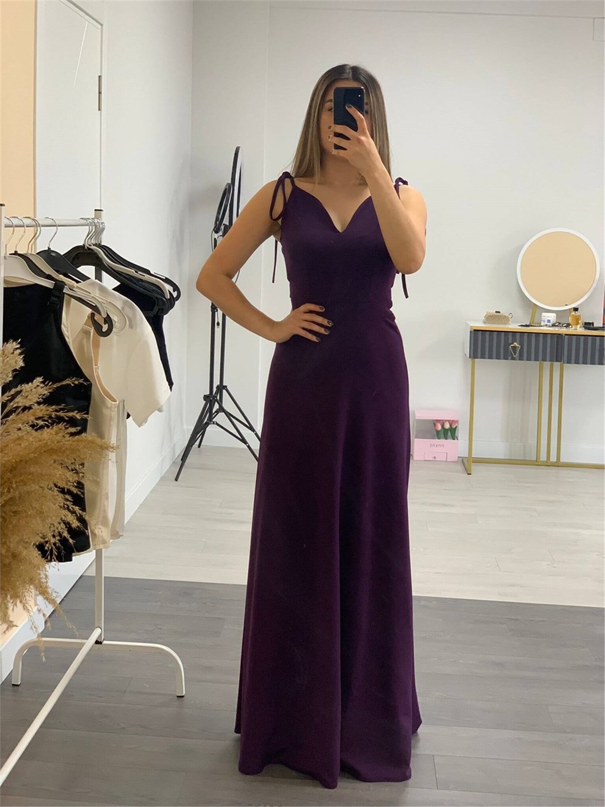 Crep Kumaş Askı Detaylı Maxi Elbise - Patlıcan Moru