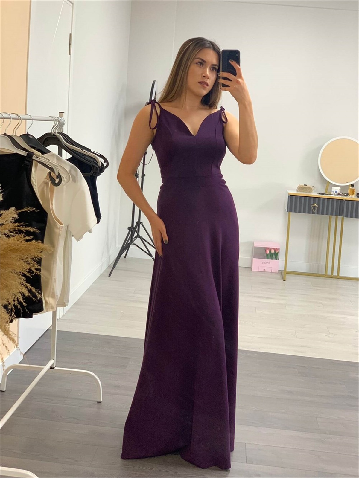 Crep Kumaş Askı Detaylı Maxi Elbise - Patlıcan Moru