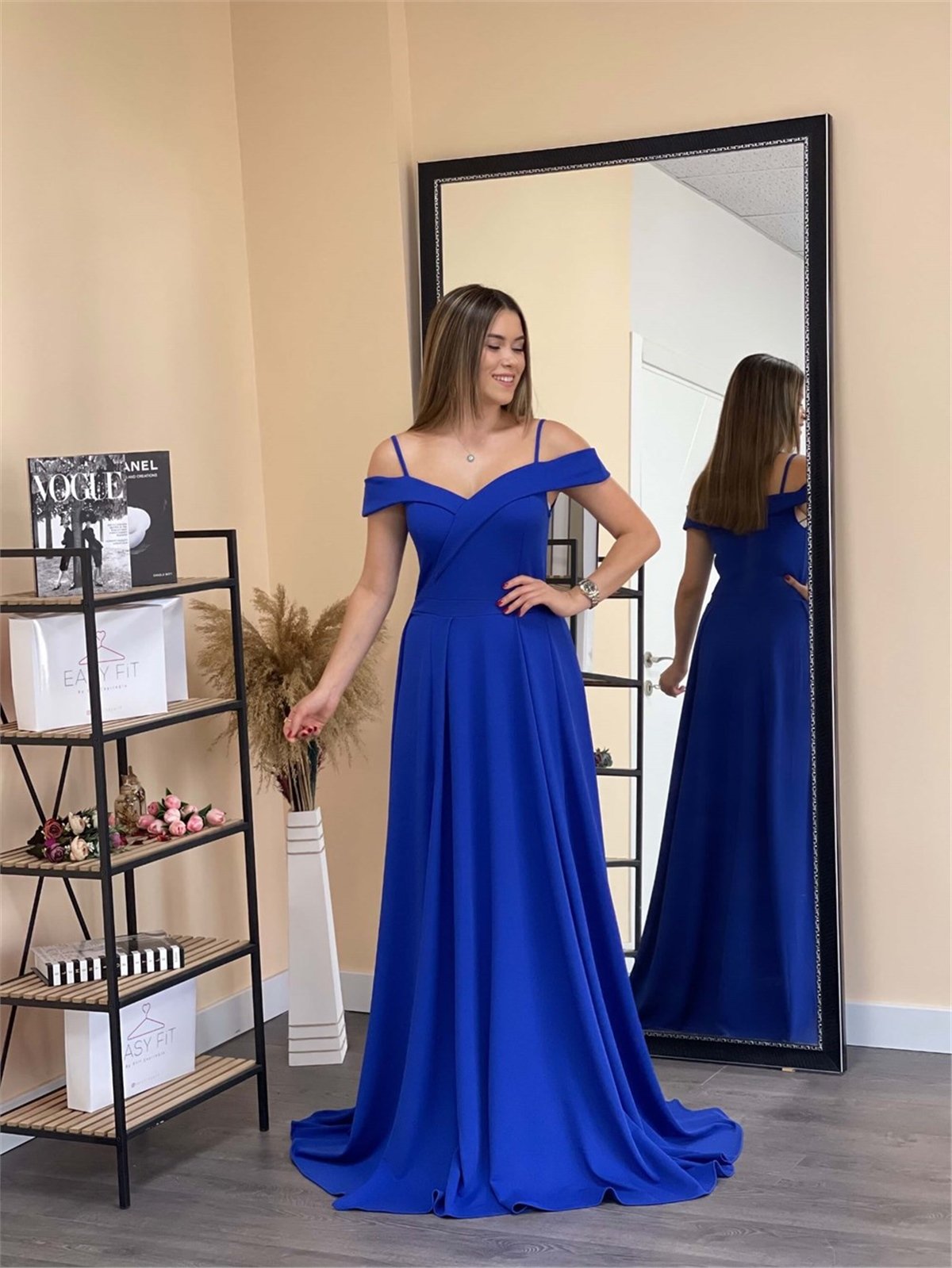 Crep Kumaş Askılı Prenses Elbise - Saks Mavisi
