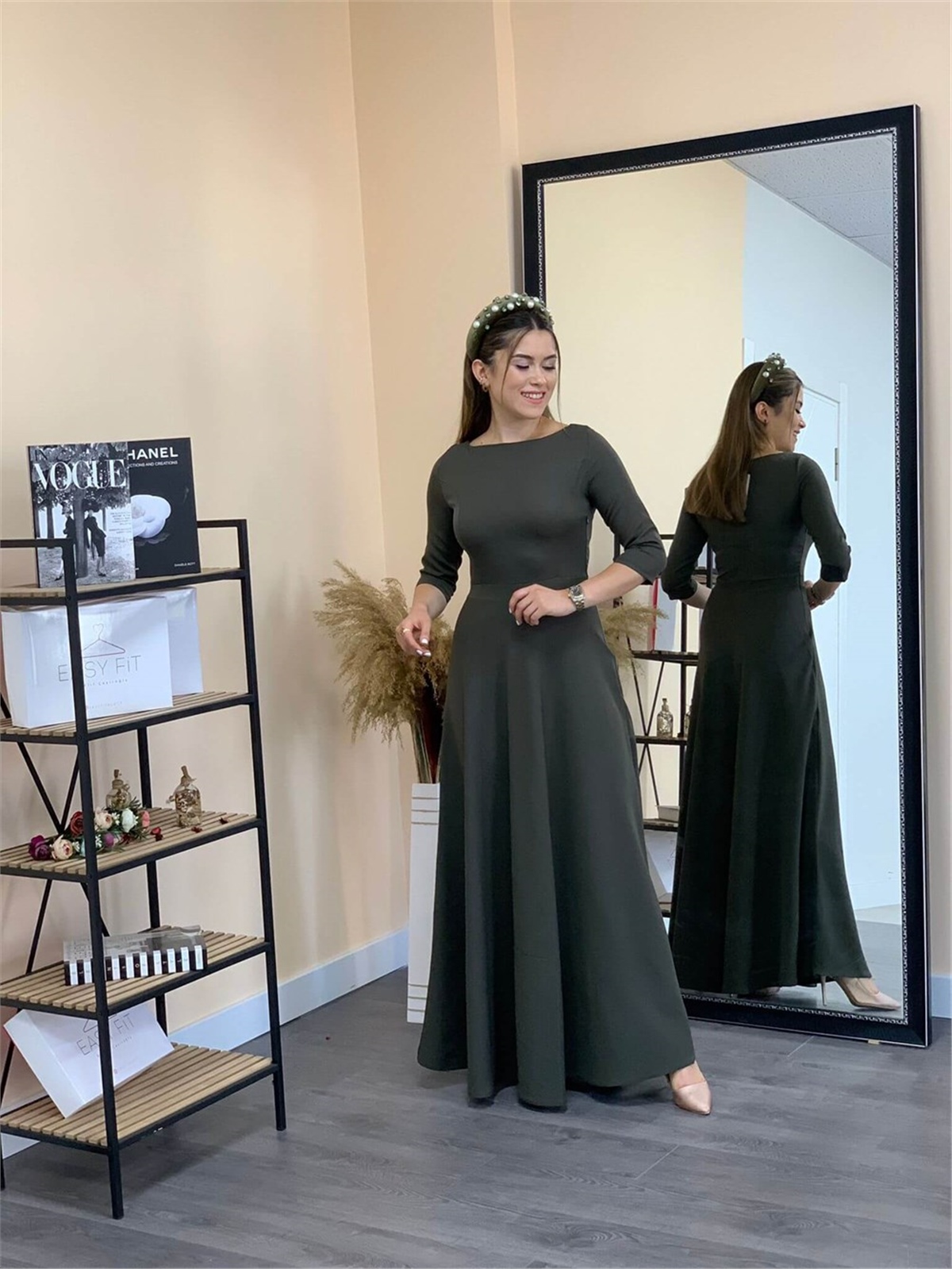 Crep Kumaş Fakir Kol Elbise - Haki Yeşili