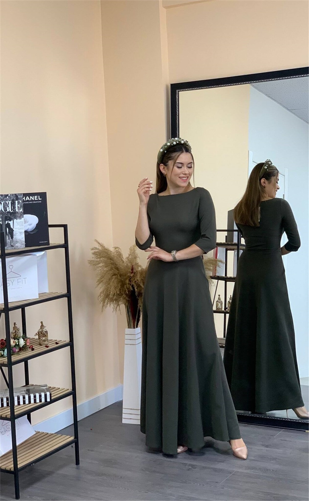 Crep Kumaş Fakir Kol Elbise - Haki Yeşili