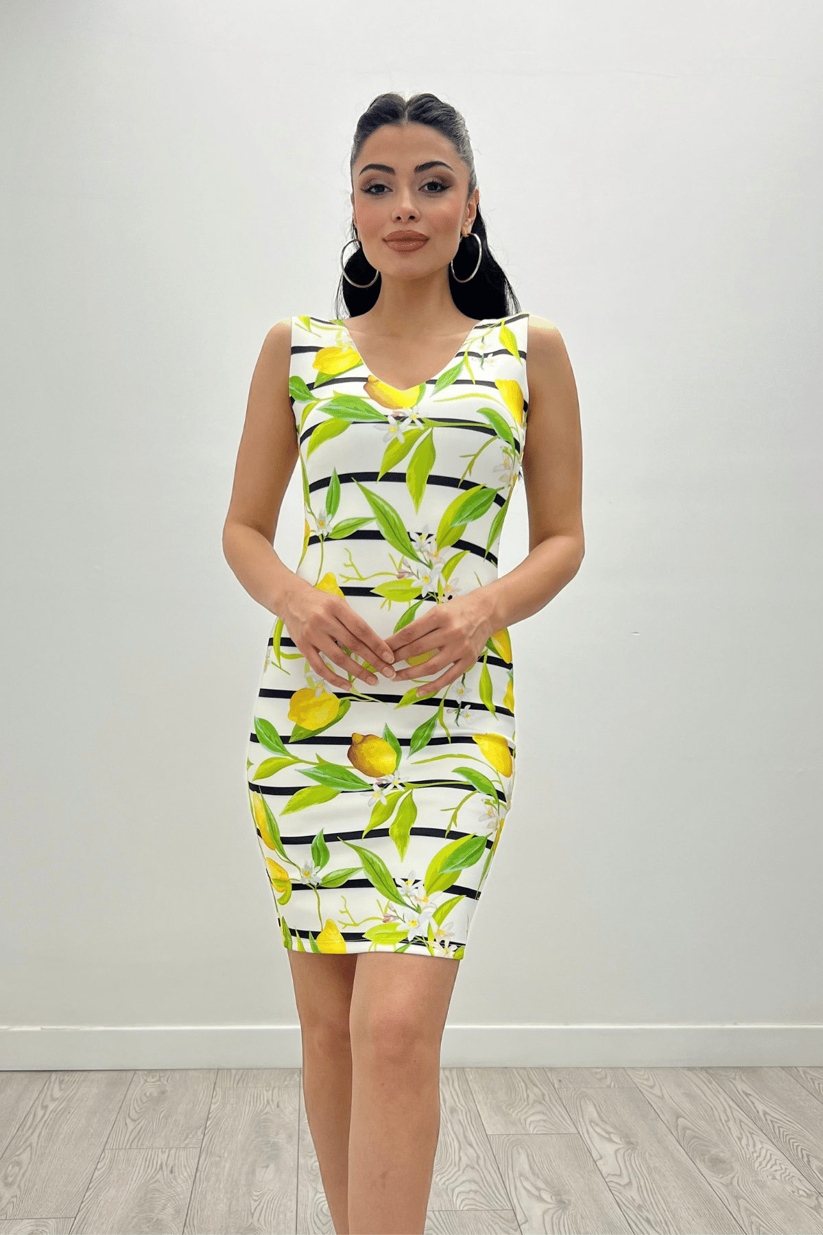 Crepe Fabric Lemon Detailed Dress                                            - White