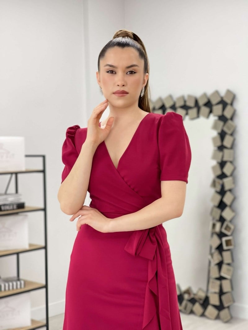 Crep Kumaş Midi Elbise  - BORDO