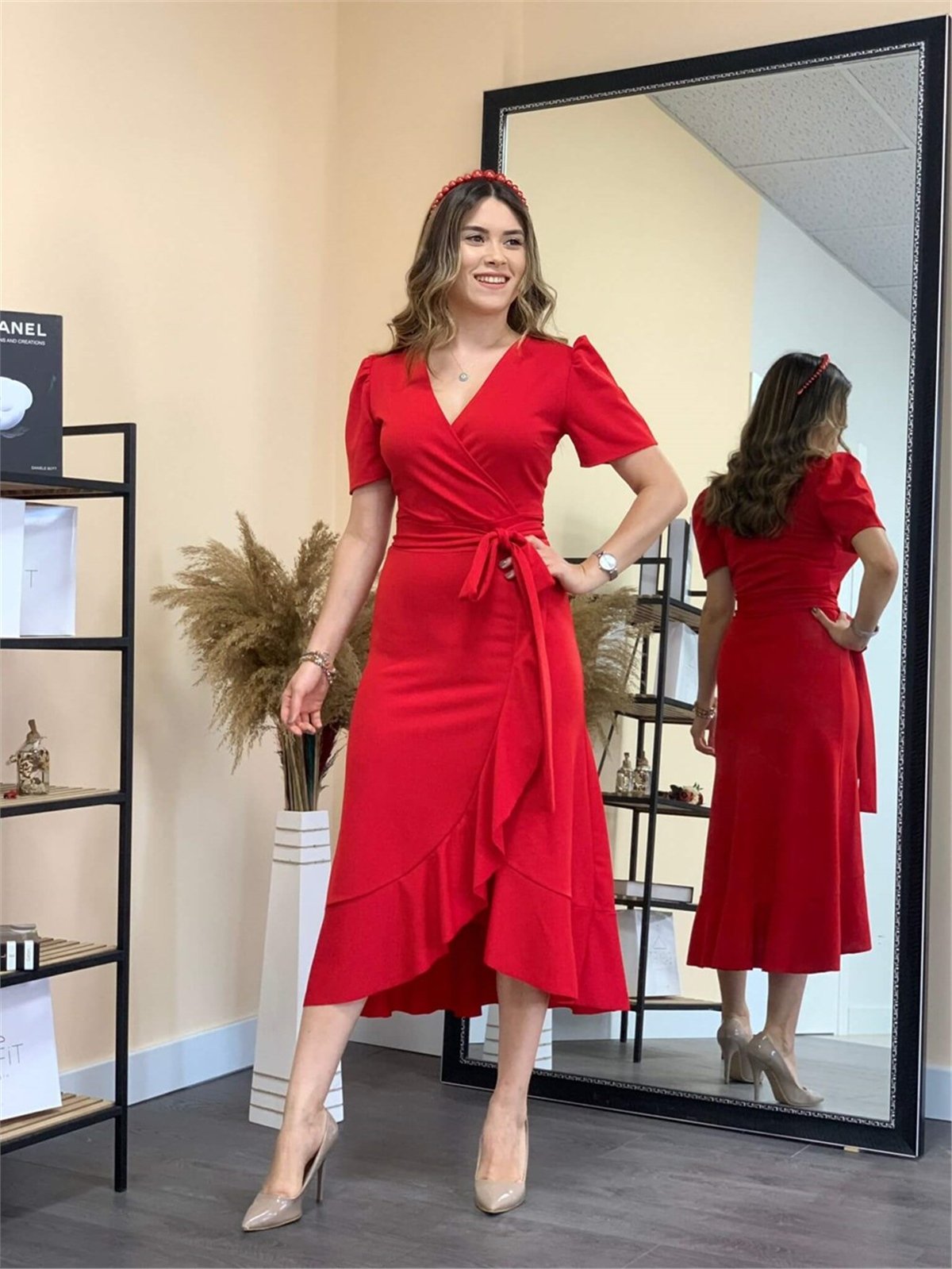 Crep Kumaş Midi Elbise  - Kırmızı