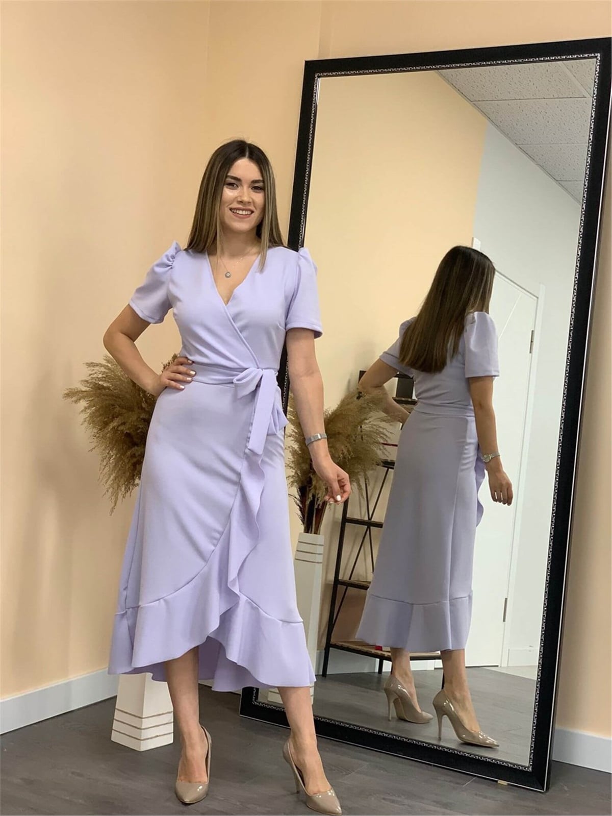 Crep Kumaş Midi Elbise  - Lila