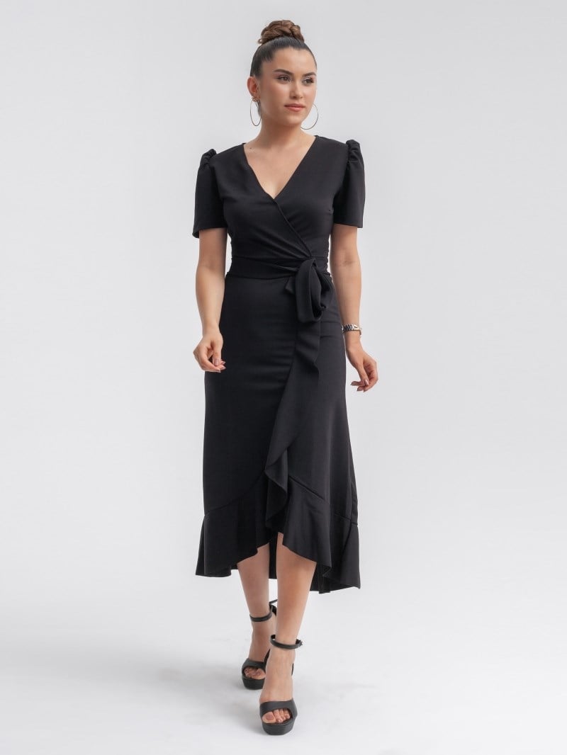 Midi Dress with Tie on Waist \ Black