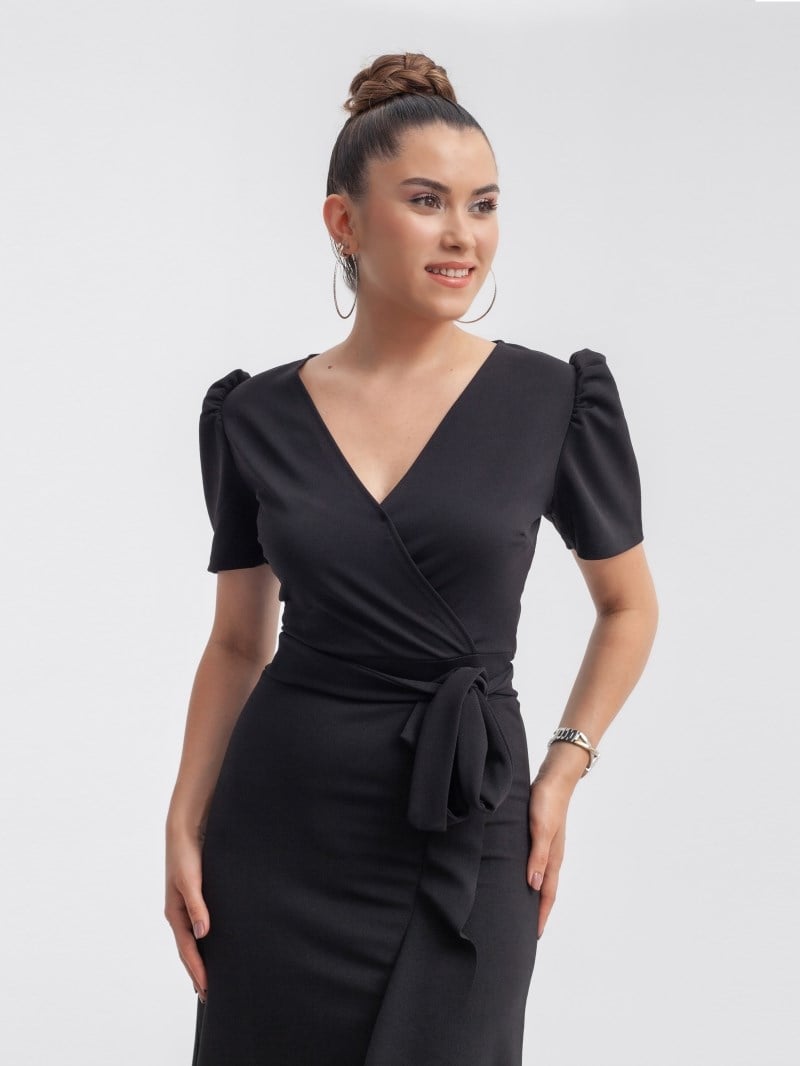 Midi Dress with Tie on Waist \ Black