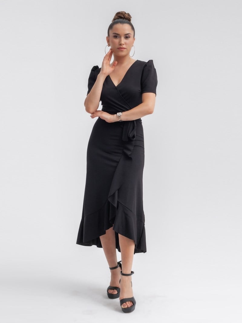 Midi Dress with Tie on Waist \ Black