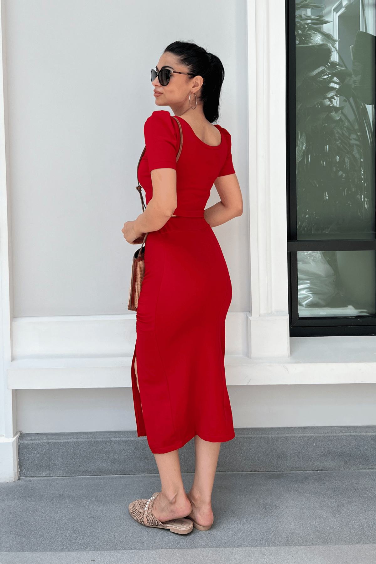 بدلة مزدوجة من قماش الغوص - أحمر