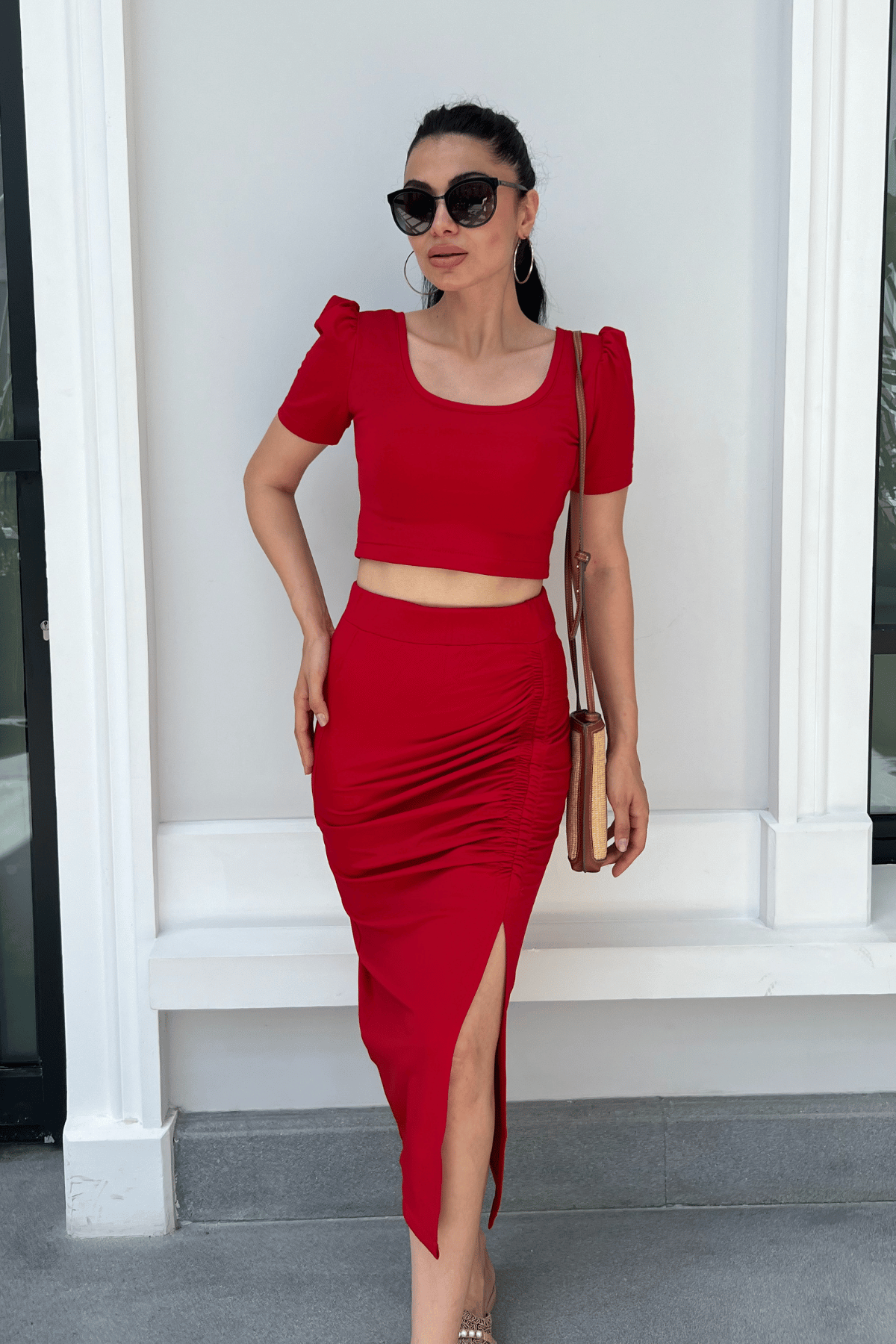 بدلة مزدوجة من قماش الغوص - أحمر