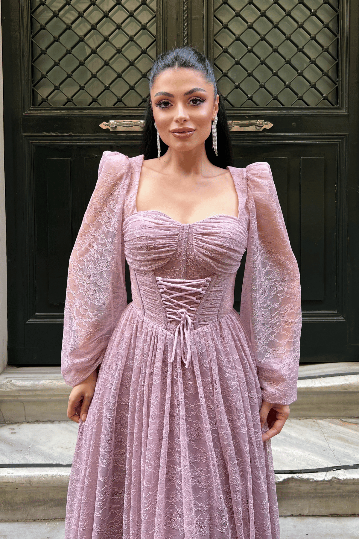 Dantel Kumaş Balen Detaylı Abiye Elbise - PUDRA