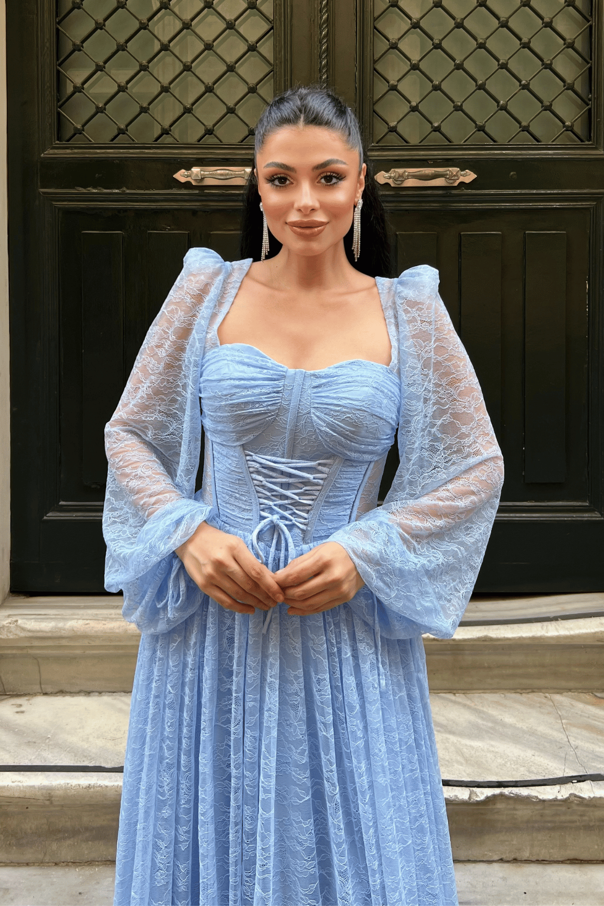 Dantel Kumaş Balen Detaylı Abiye Elbise - BEBE MAVİSİ