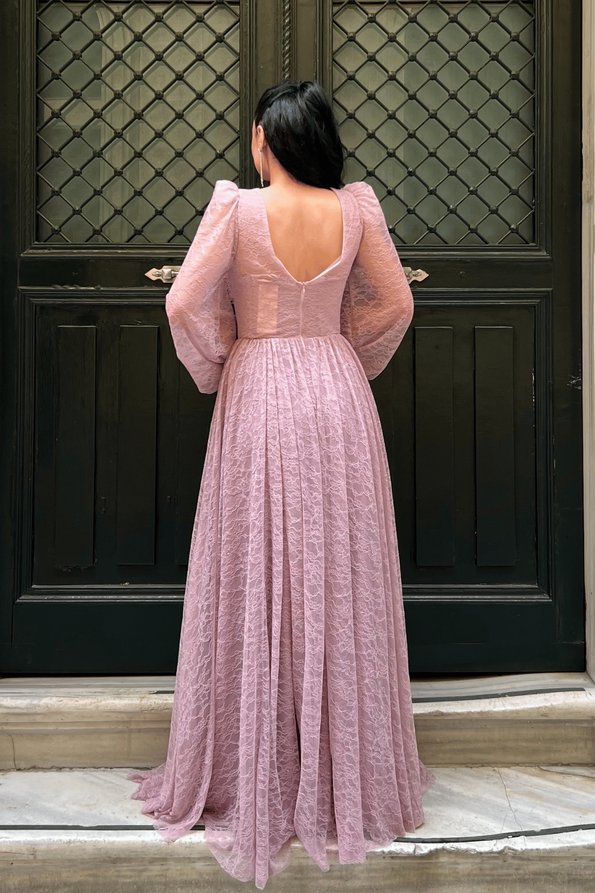 Dantel Kumaş Balen Detaylı Abiye Elbise - PUDRA