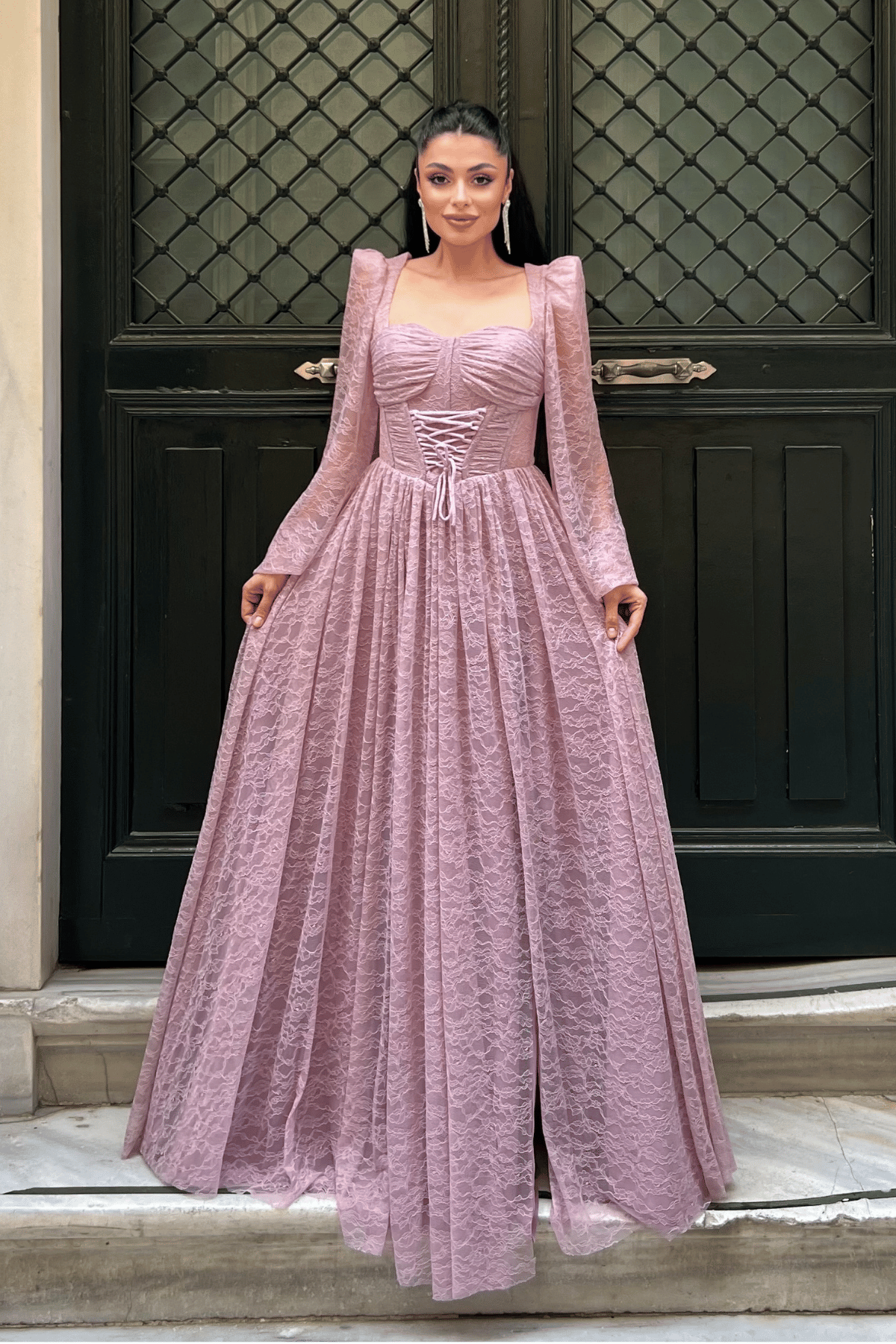 Dantel Kumaş Balen Detaylı Abiye Elbise - PUDRA