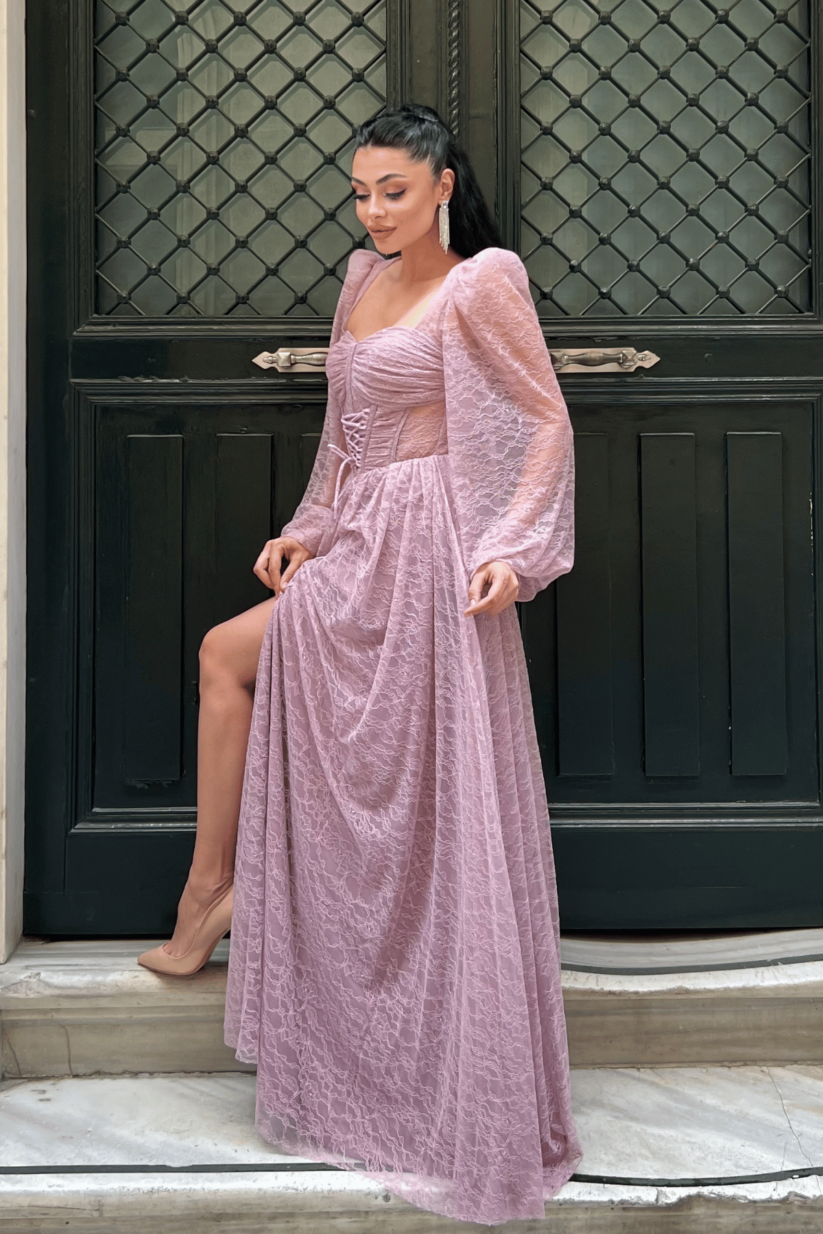 Dantel Kumaş Balen Detaylı Abiye Elbise - PUDRA