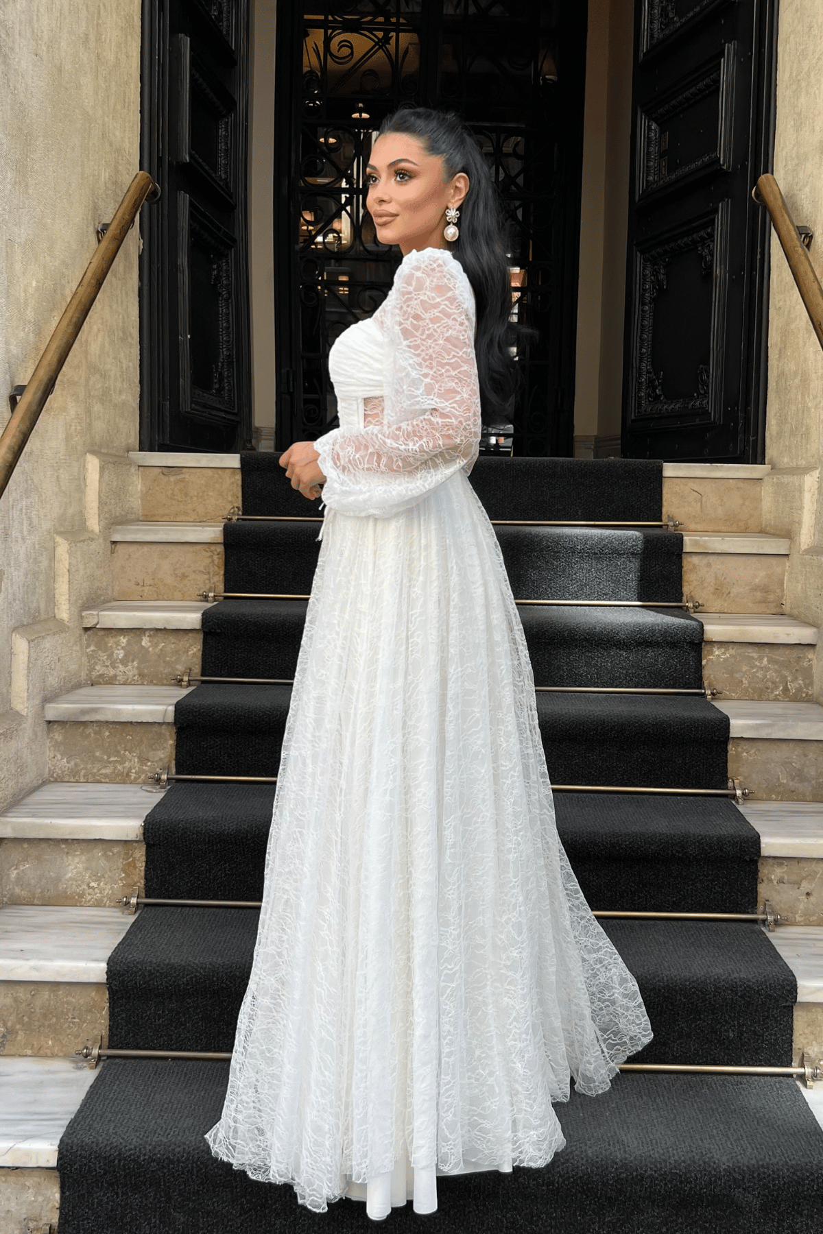 Dantel Kumaş Balen Detaylı Abiye Elbise - BEYAZ