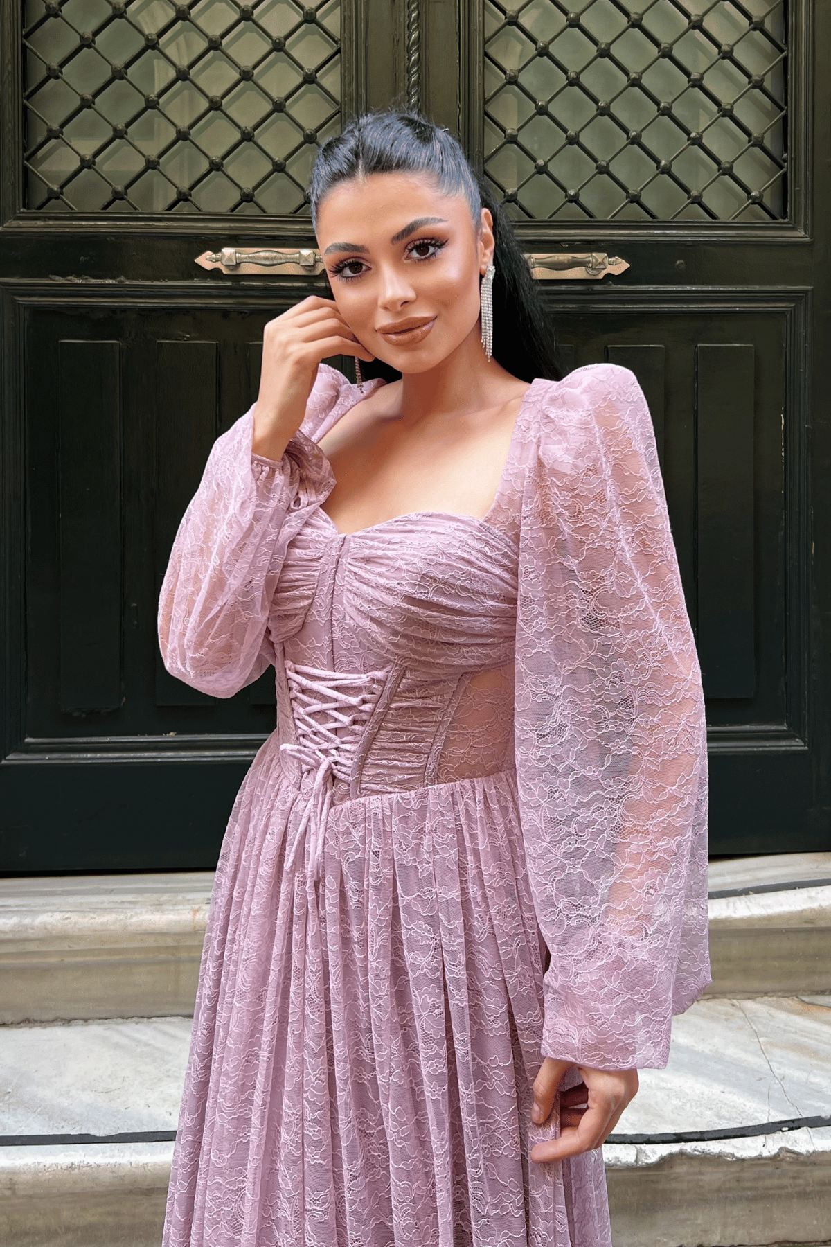 Dantel Kumaş Balen Detaylı Abiye Elbise - PUDRA