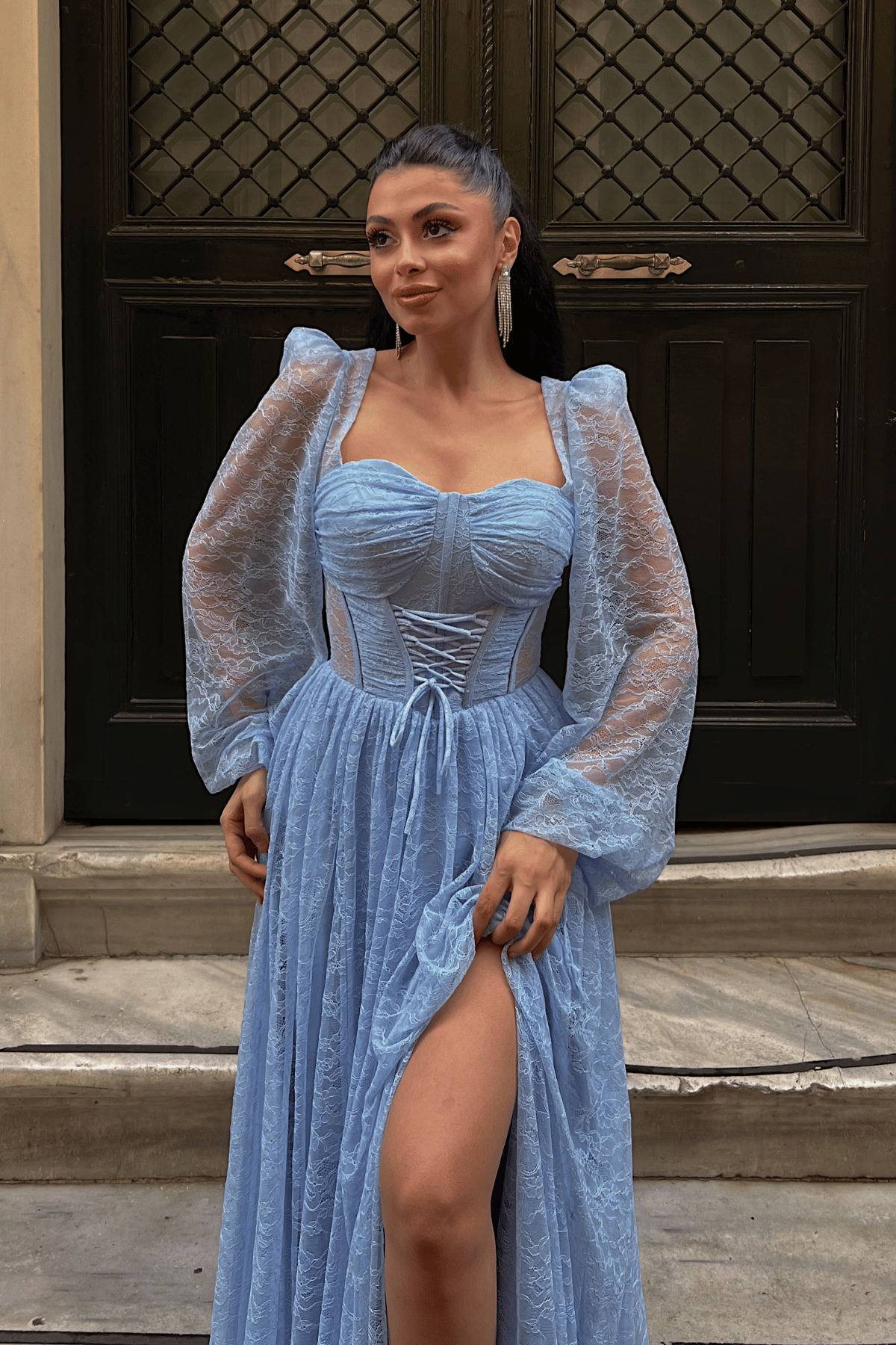 Dantel Kumaş Balen Detaylı Abiye Elbise - BEBE MAVİSİ