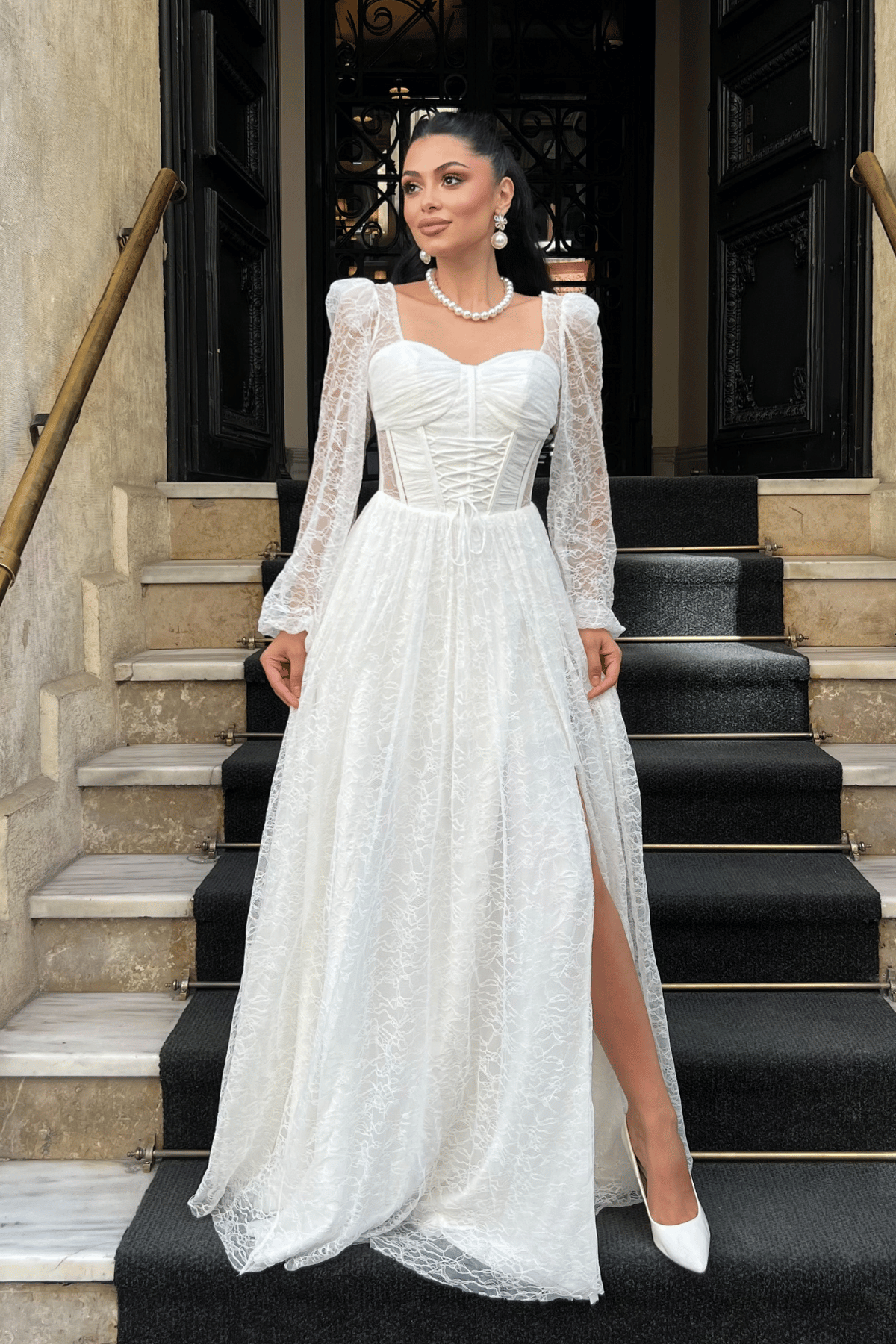 Dantel Kumaş Balen Detaylı Abiye Elbise - BEYAZ