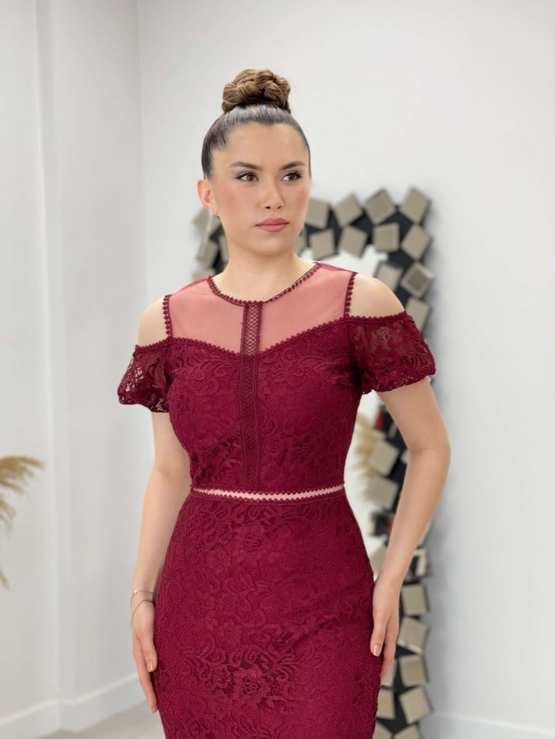 Dantel Kumaş Balık Elbise - BORDO
