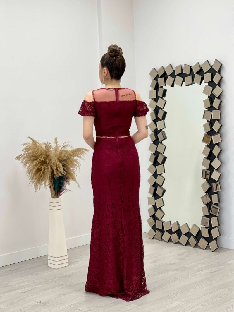 Dantel Kumaş Balık Elbise - BORDO