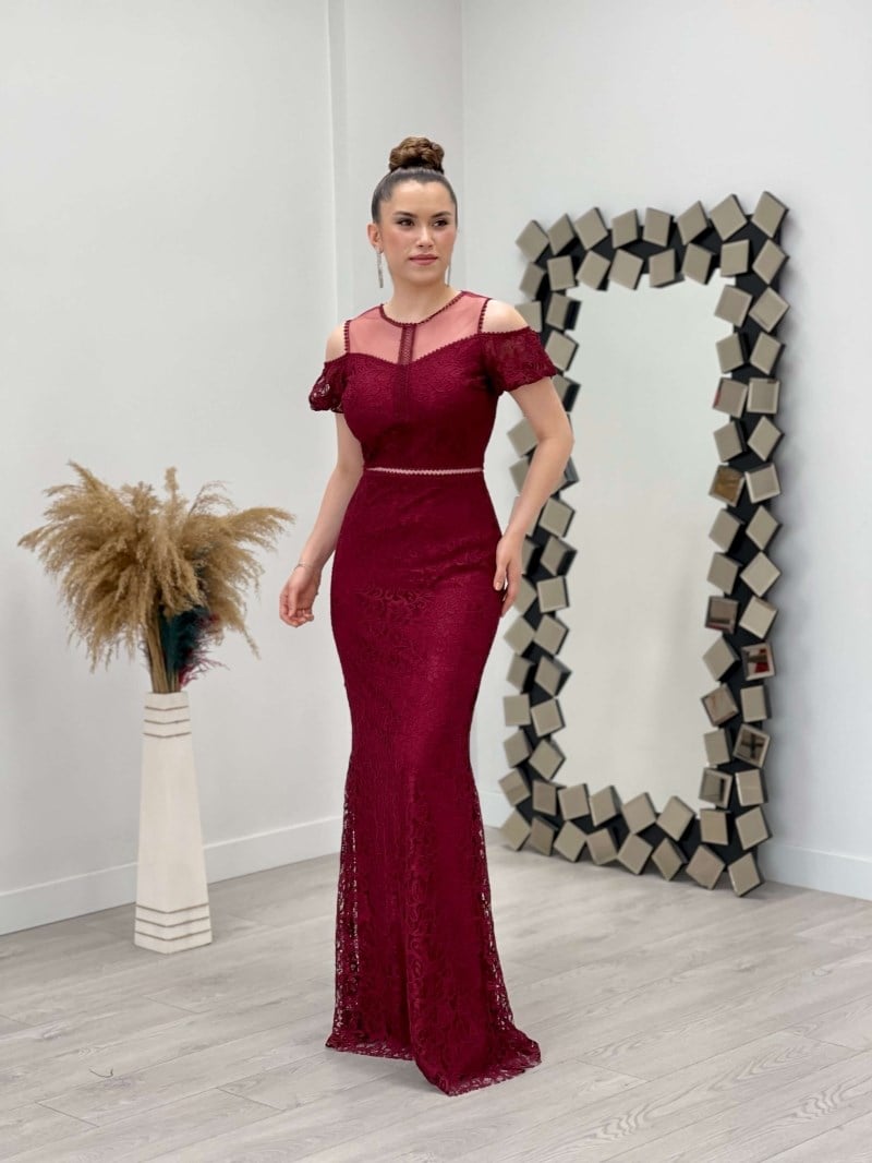 Dantel Kumaş Balık Elbise - BORDO