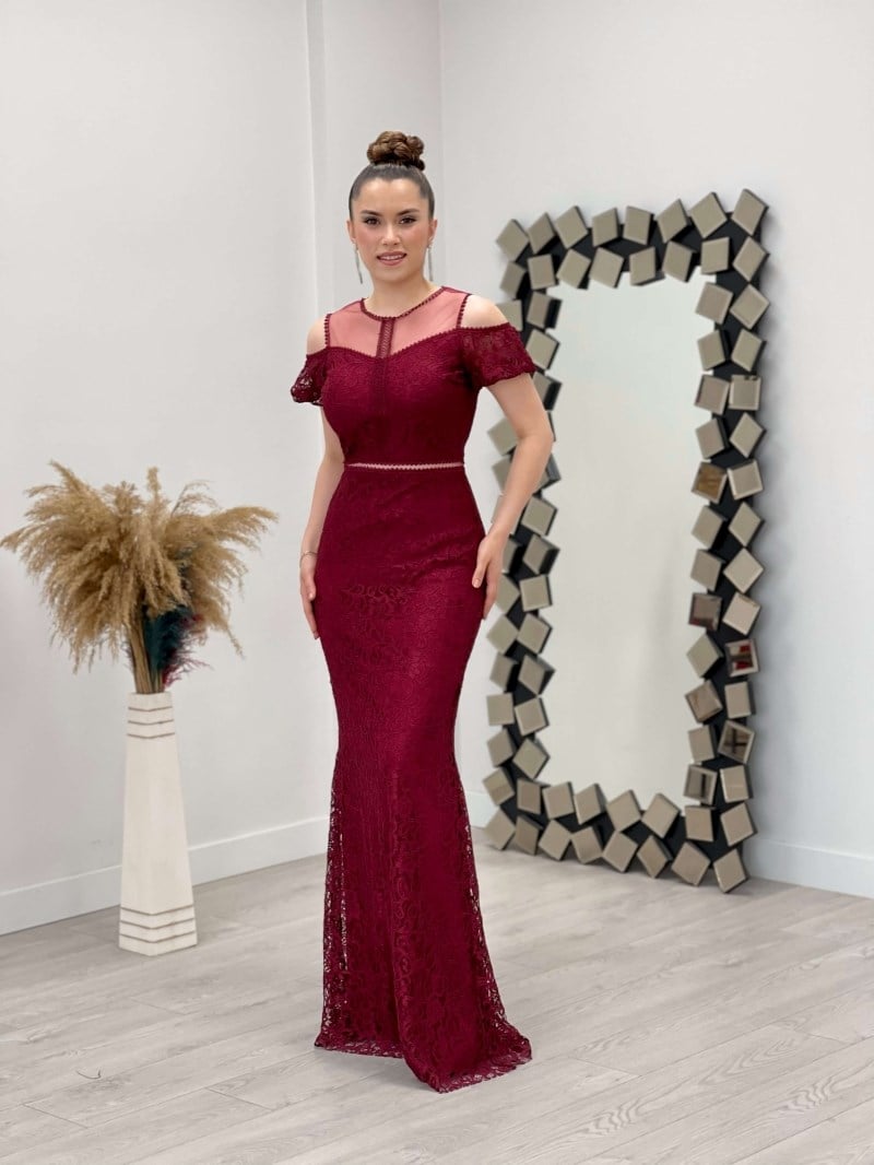 Dantel Kumaş Balık Elbise - BORDO